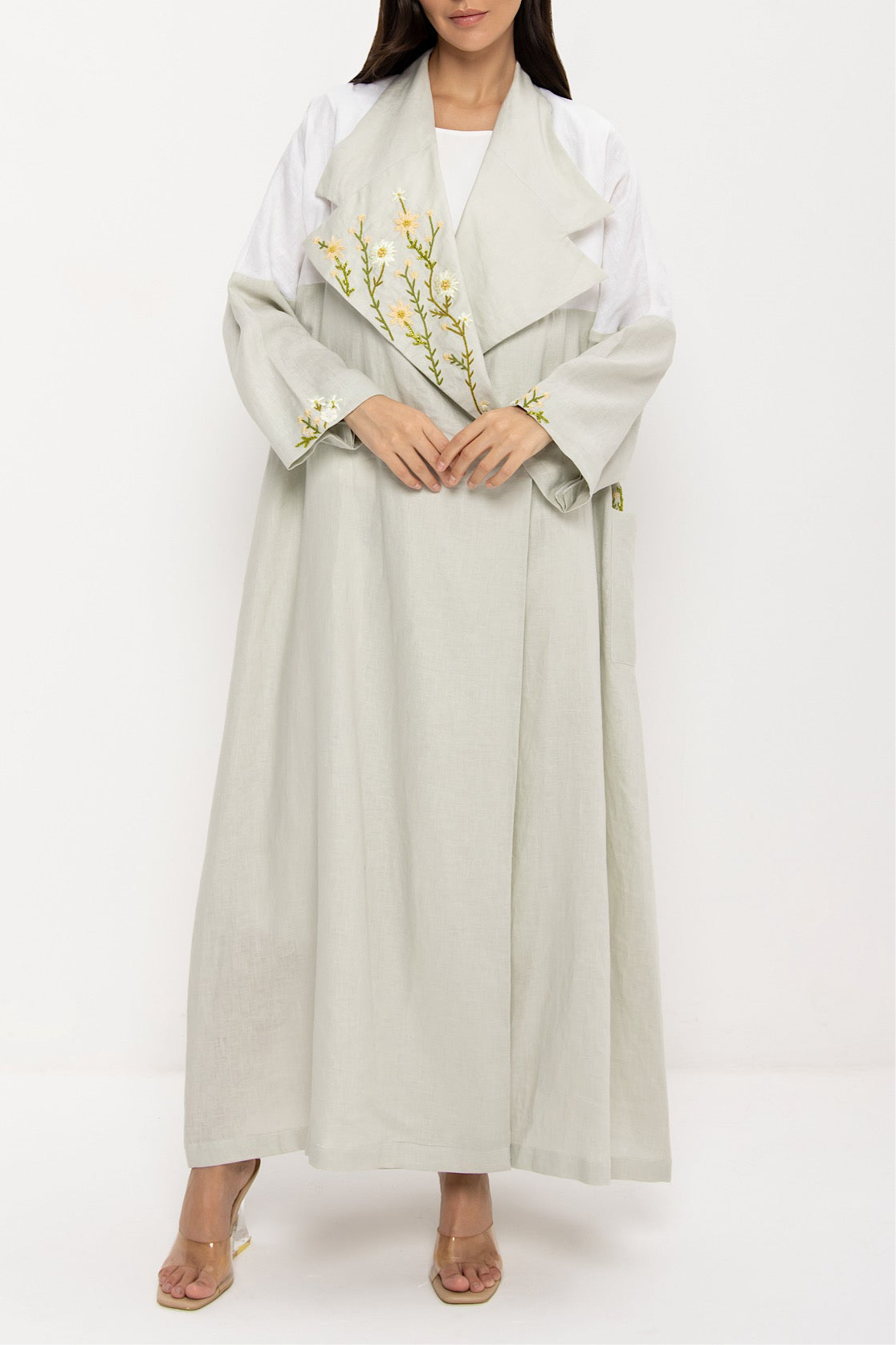 Garden - Linen Floral Embroidery - (Green & White Abaya)