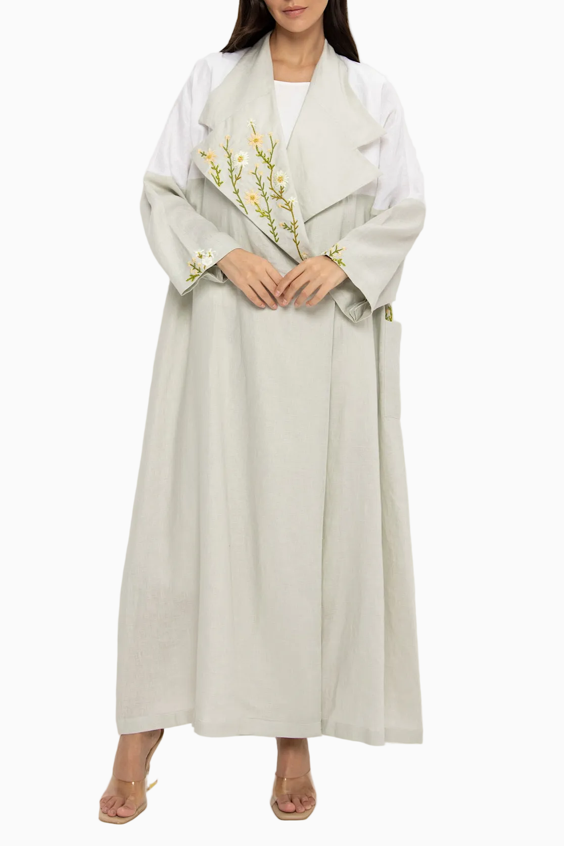 Garden - Linen Floral Embroidery - (Green & White Abaya)