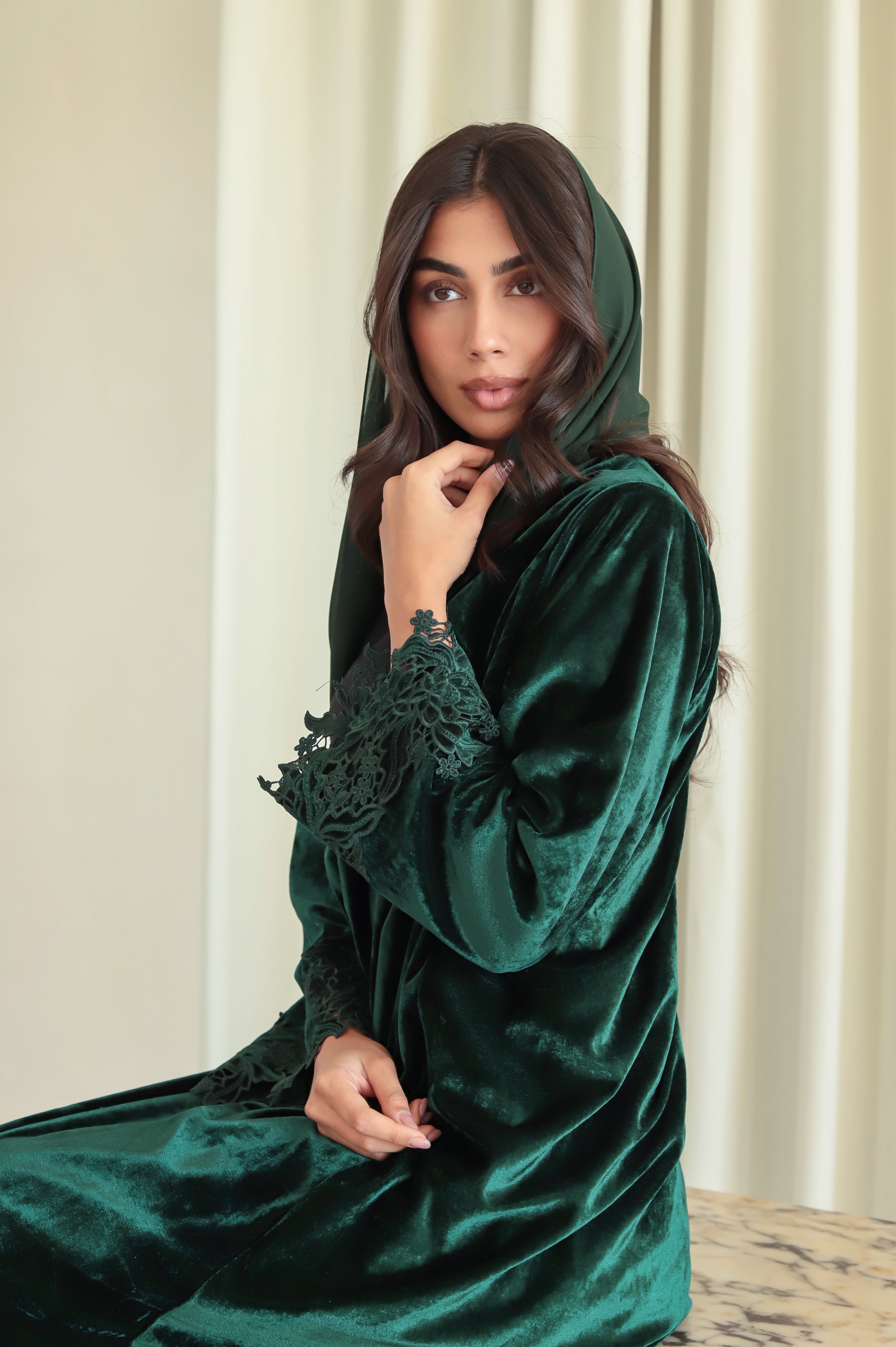 Velvet - Border Green Abaya