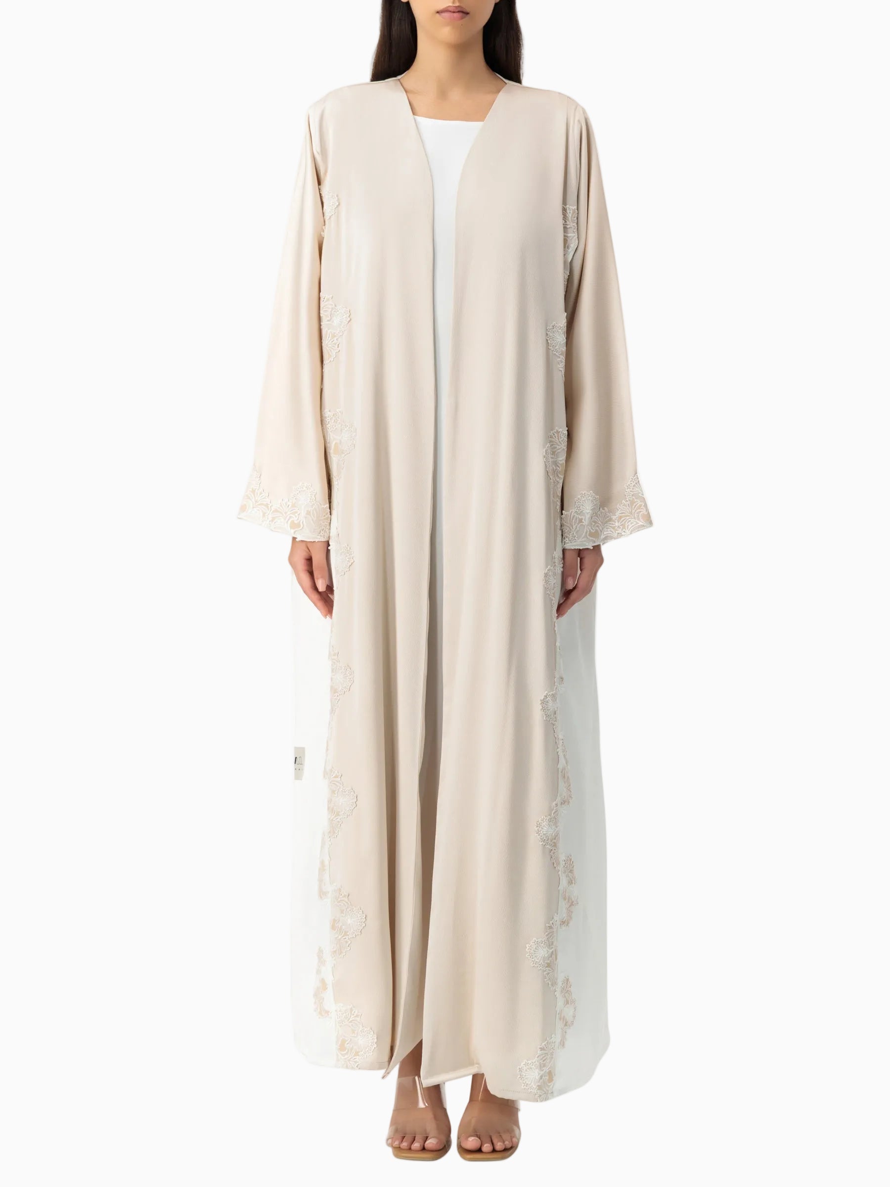 Royal - Two Tone Leaves Lace - (Beige & White Abaya)
