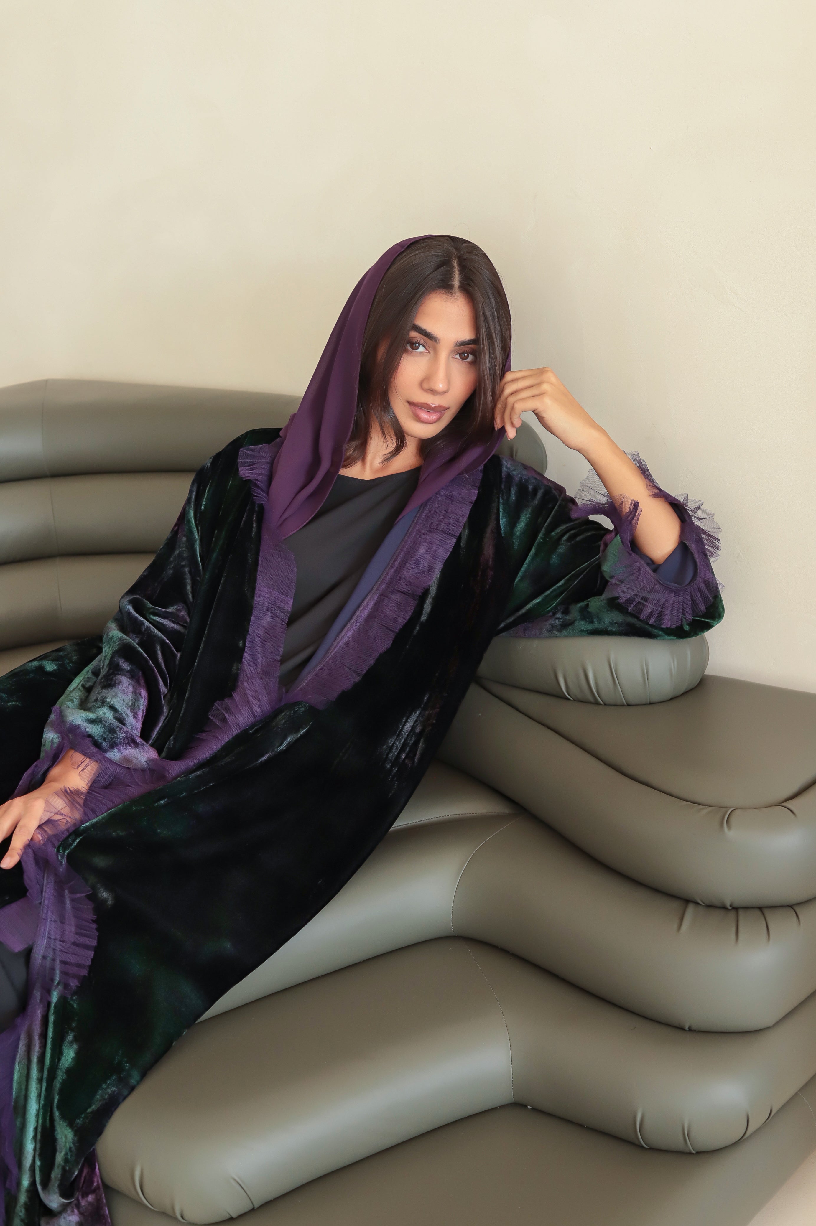 Velvet - Tulle Purple/Green Abaya