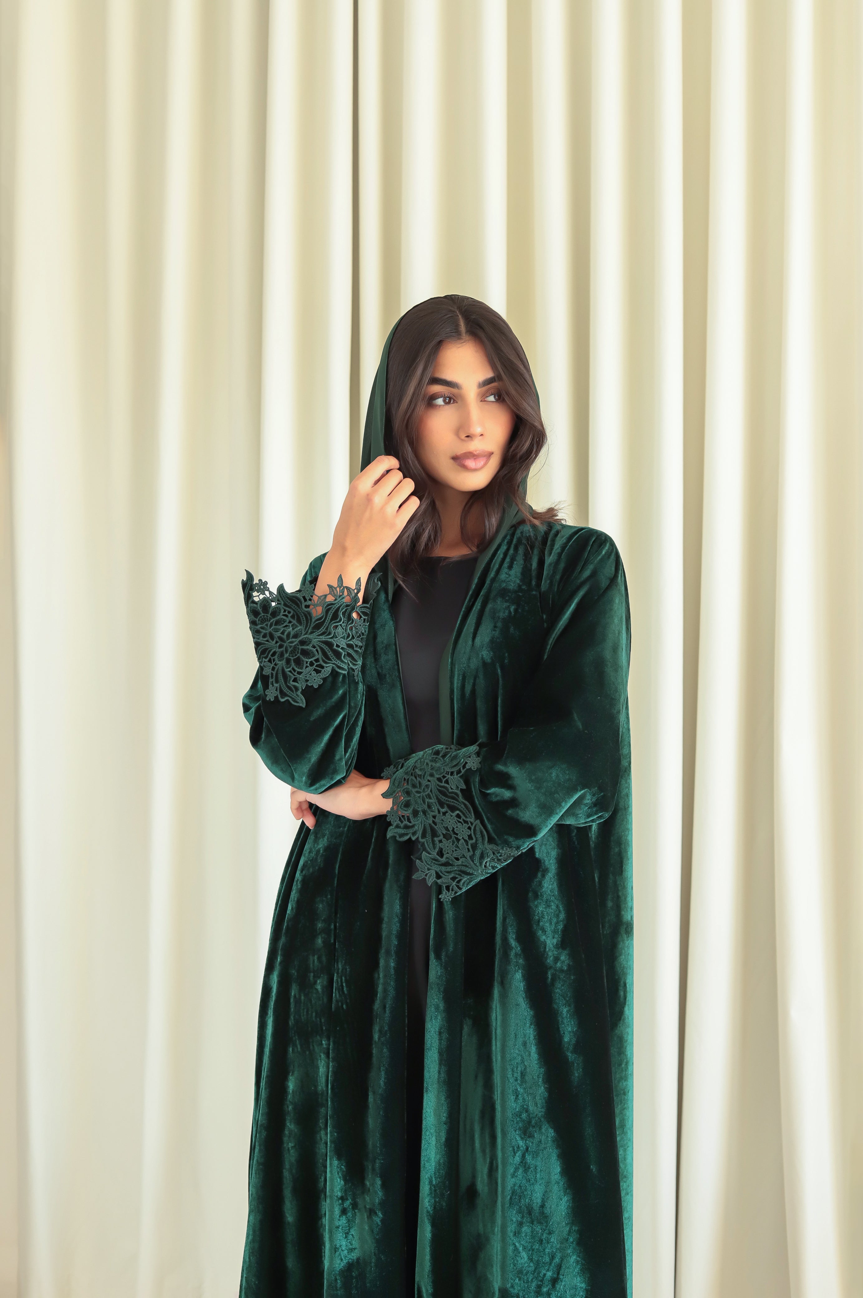 Velvet - Border Green Abaya
