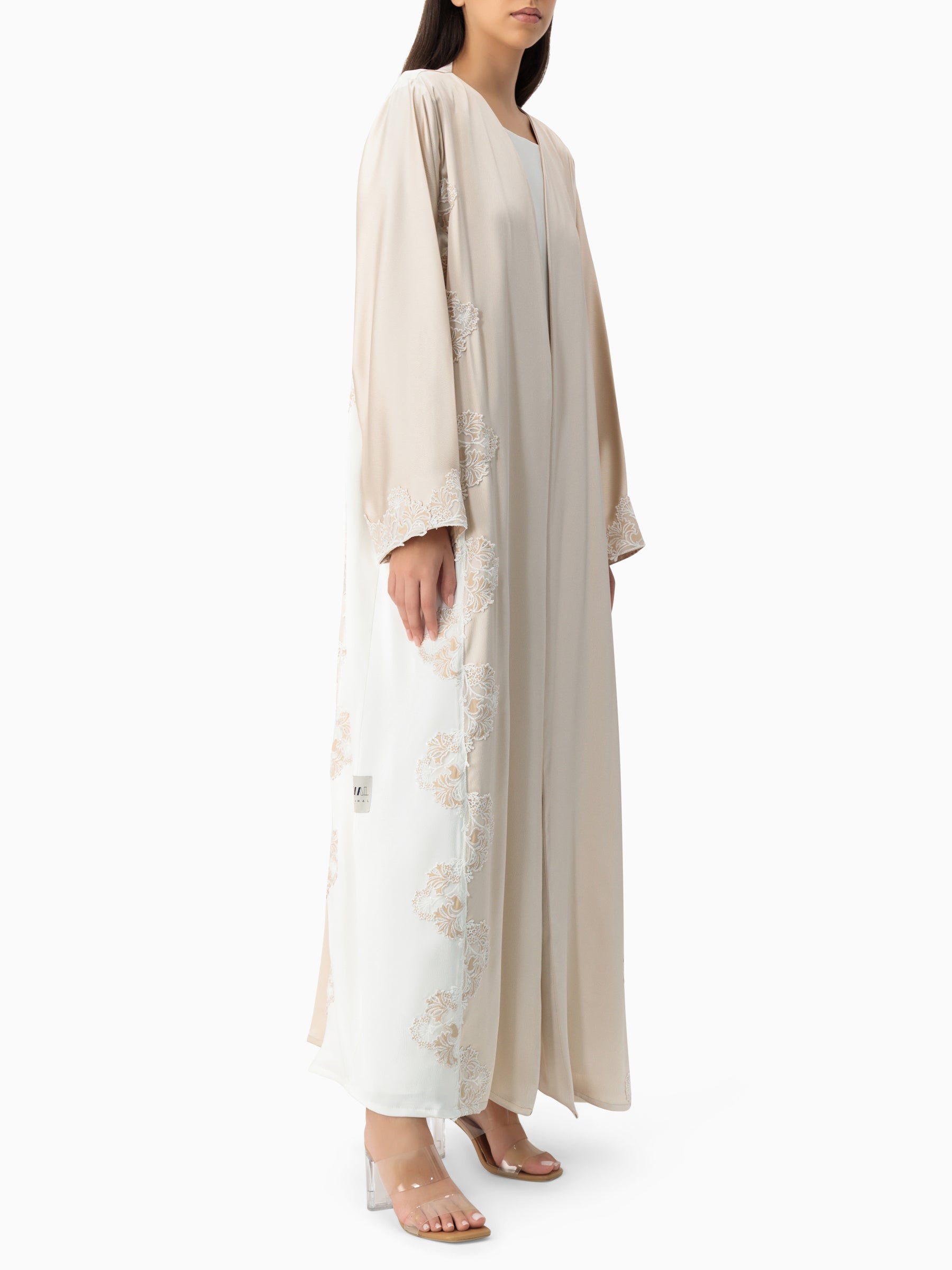 Royal - Two Tone Leaves Lace - (Beige & White Abaya)