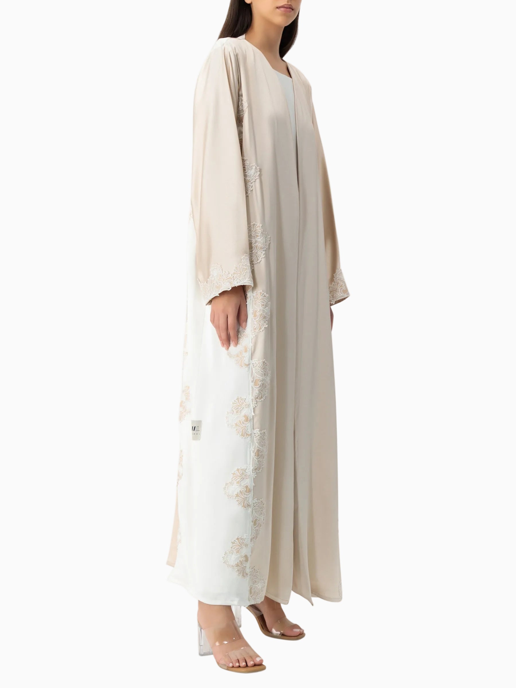 Royal - Two Tone Leaves Lace - (Beige & White Abaya)