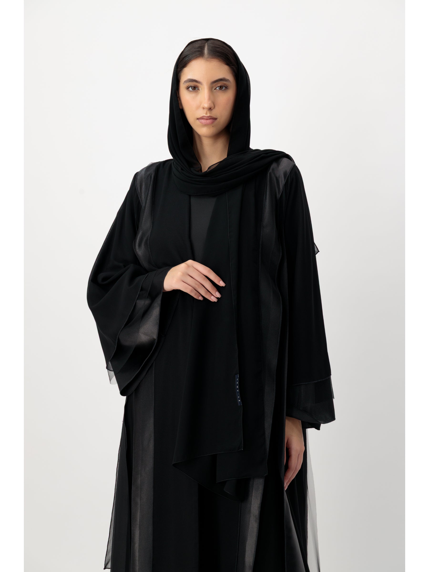 Black Satin Tulle Layers Abaya
