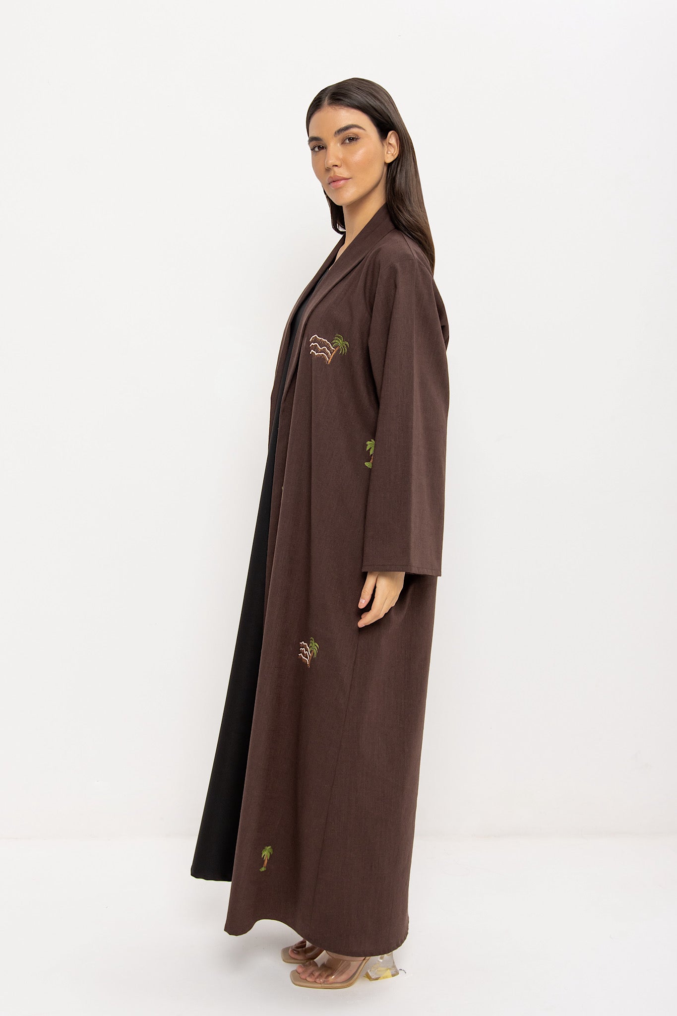 Elevation - Linen Palm Tree Embroidery - (Brown Abaya)