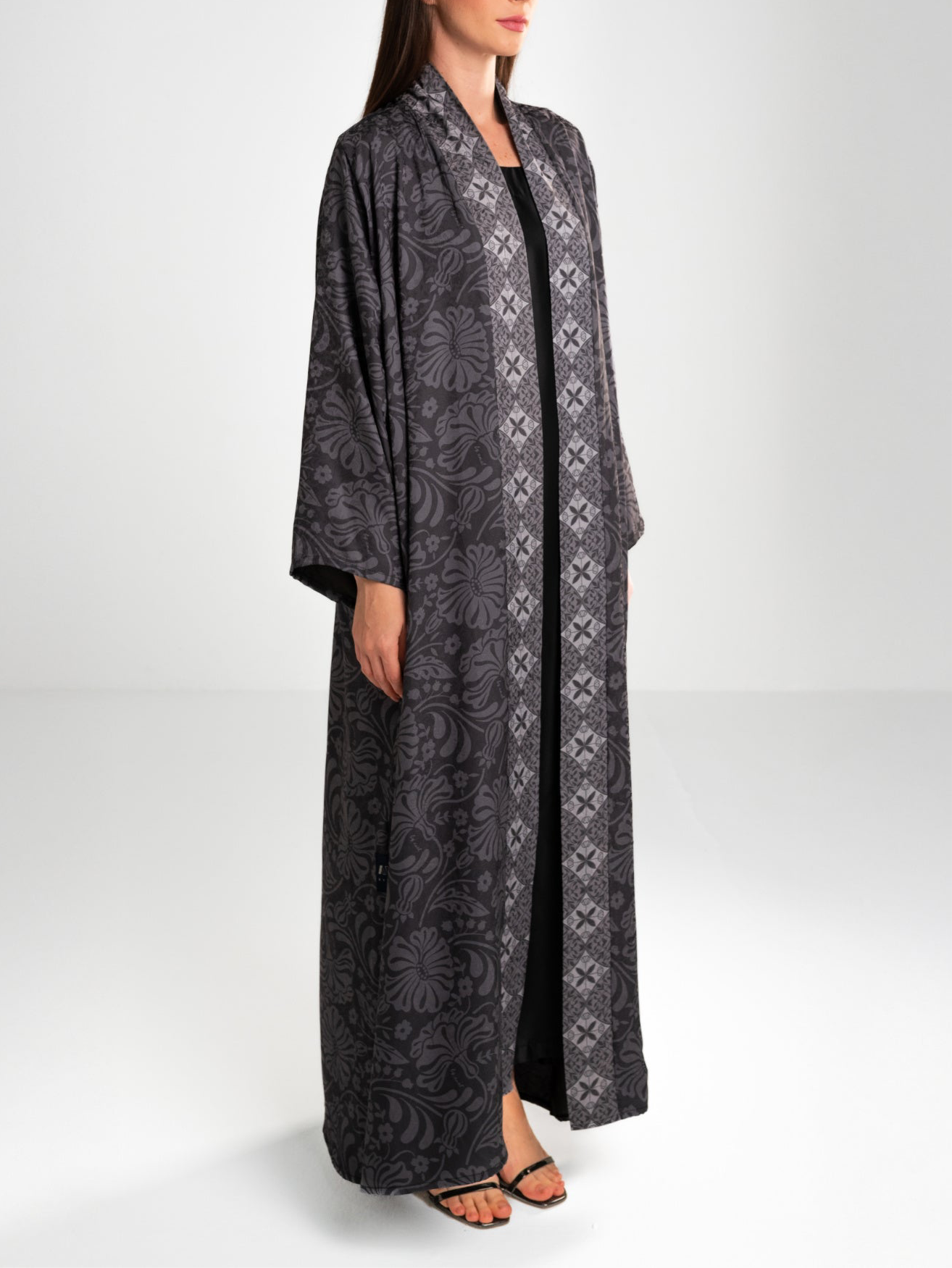 Printed Floral Jacquard Abaya - Grey Abaya