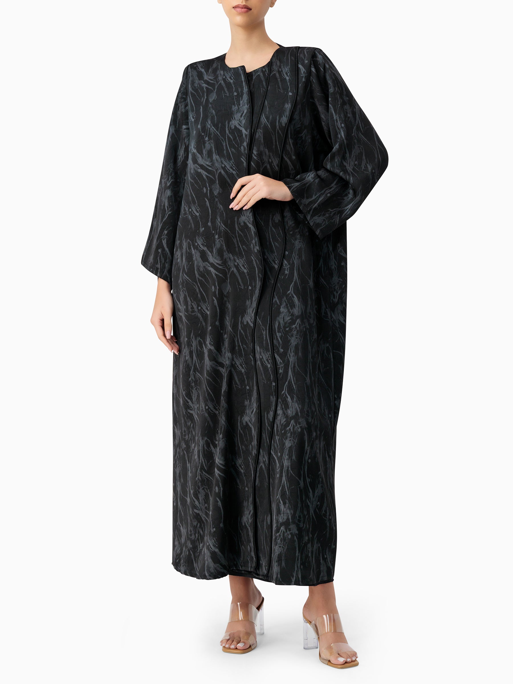 Piping Jacquard Black Abaya