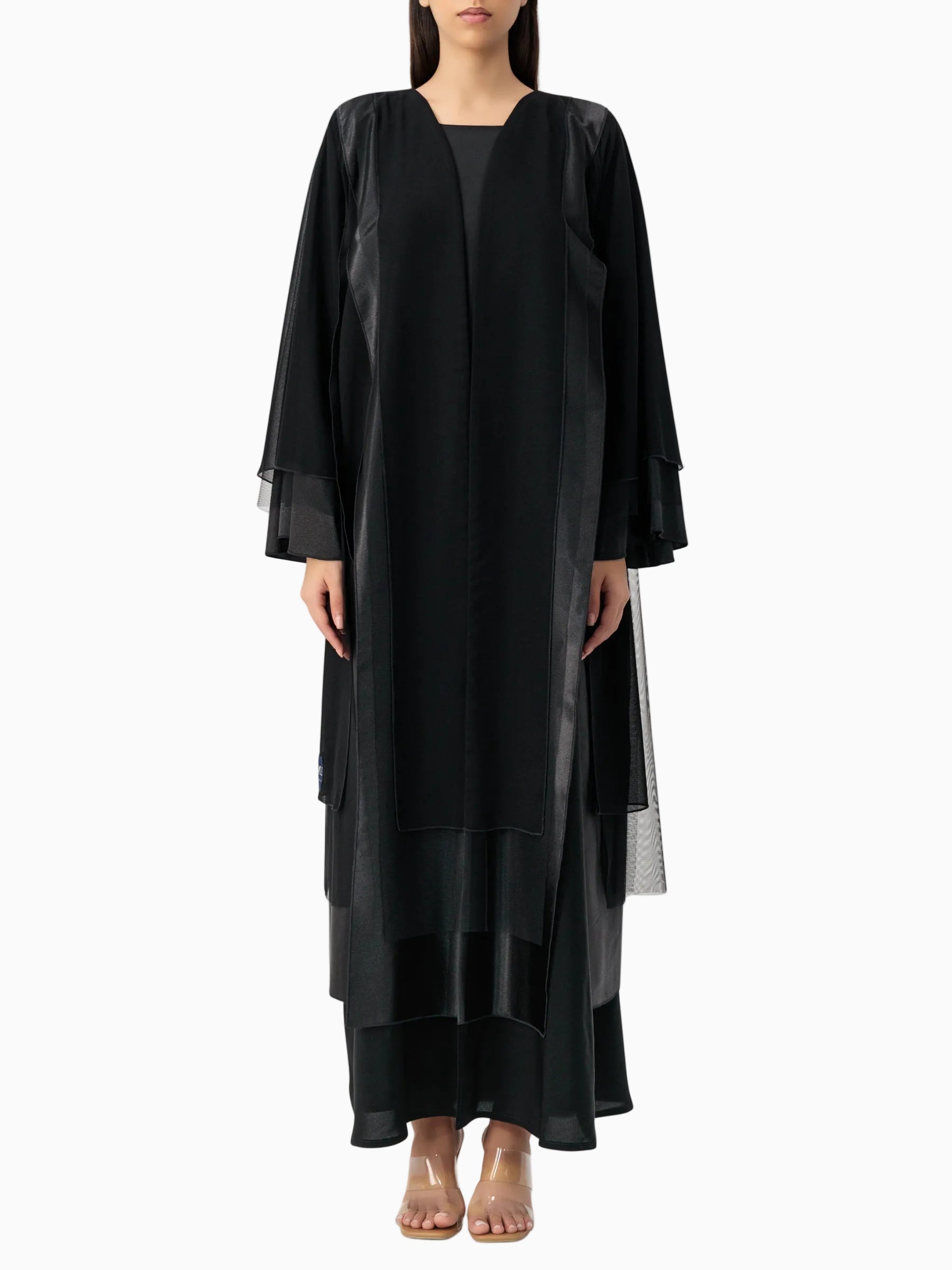 Black Satin Tulle Layers Abaya