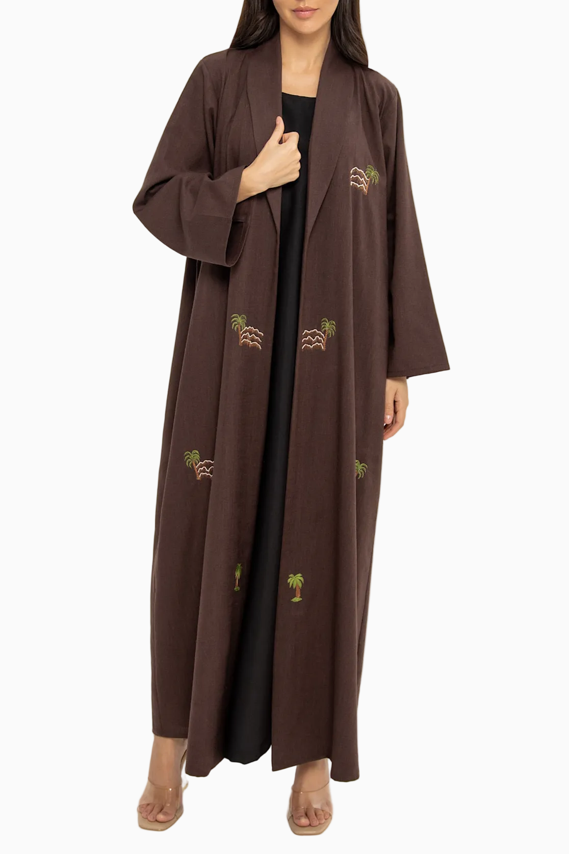 Elevation - Linen Palm Tree Embroidery - (Brown Abaya)