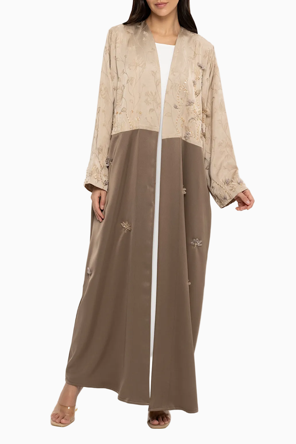 Glory - Two Toned Floral Embroidery - (Brown Abaya)