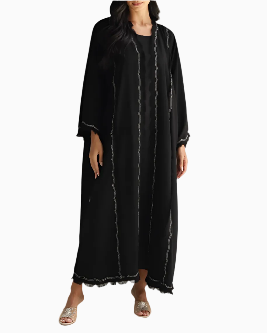 Scallop cut white embroidered abaya
