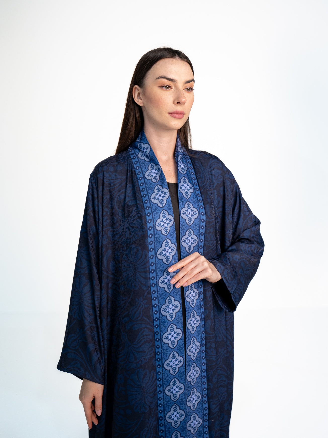 Printed Floral Jacquard Abaya - Blue Abaya