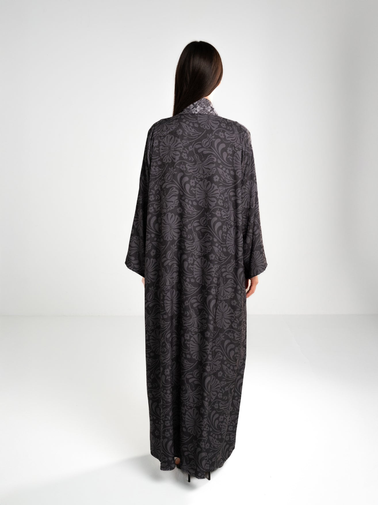 Printed Floral Jacquard Abaya - Grey Abaya