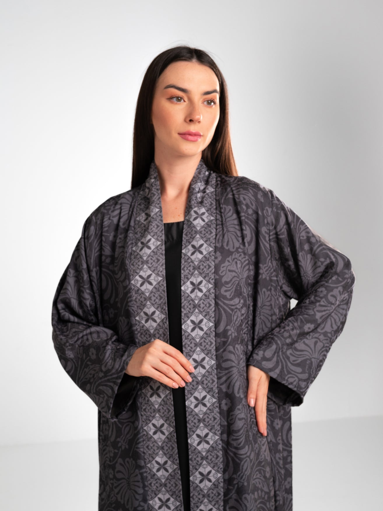 Printed Floral Jacquard Abaya - Grey Abaya
