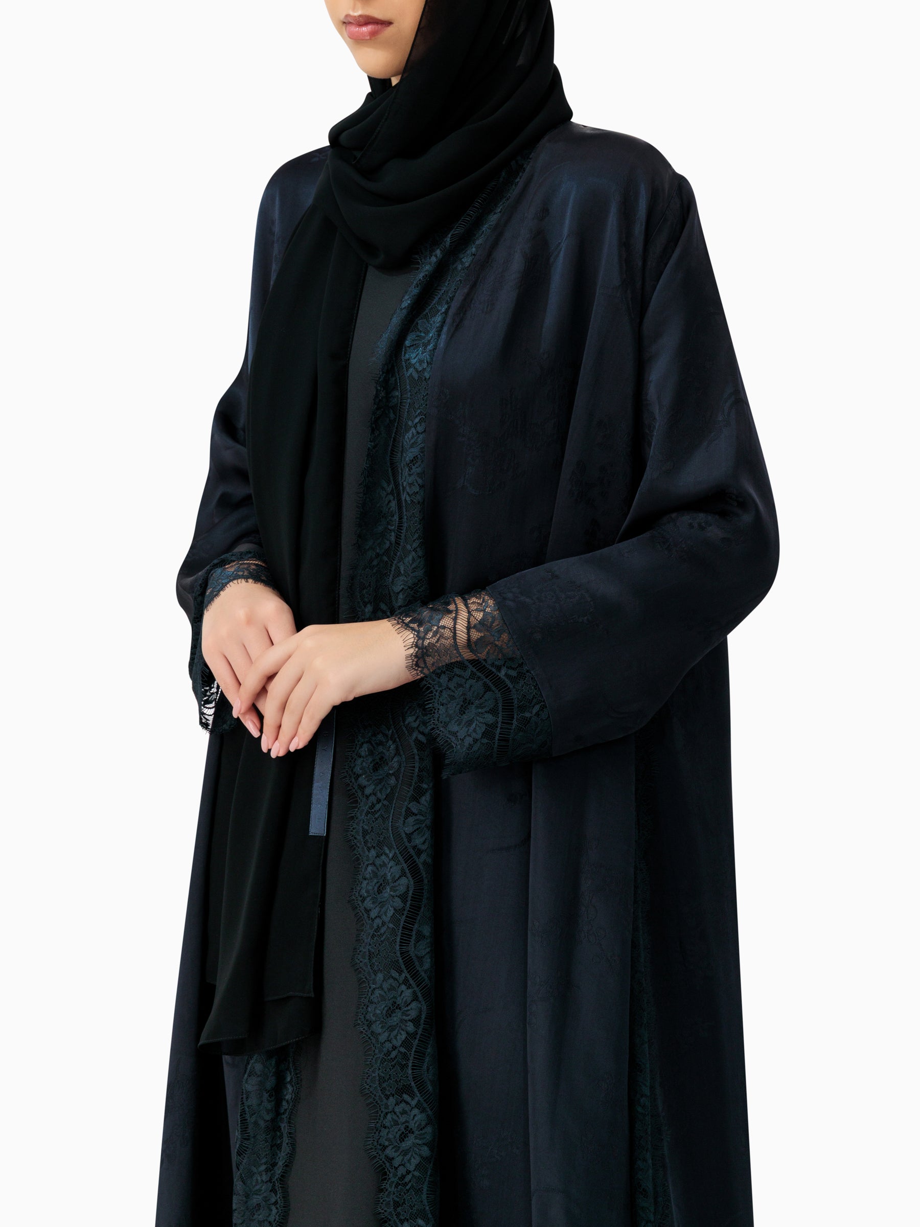Floret - Dantel Navy Blue Abaya