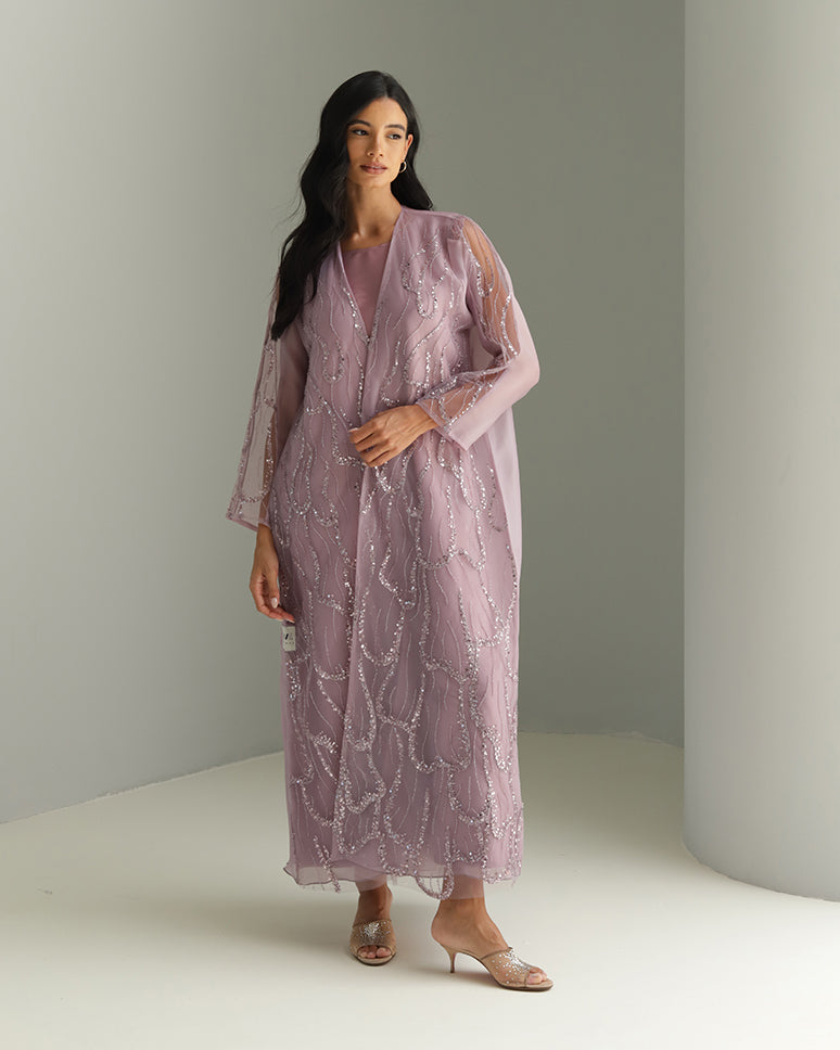 Purple Embellished Organza Set Dress