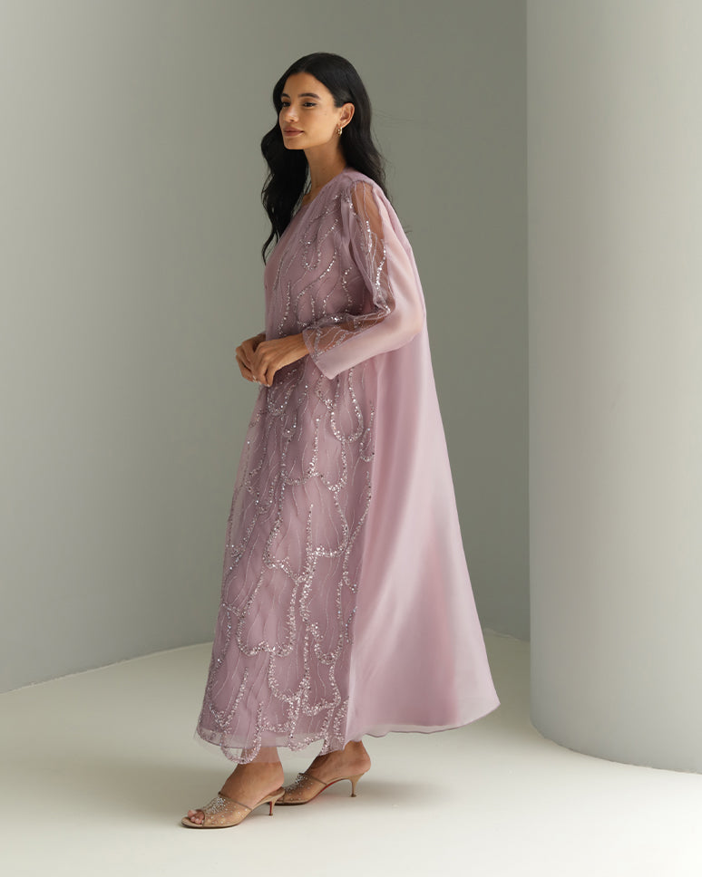 Purple Embellished Organza Set Dress