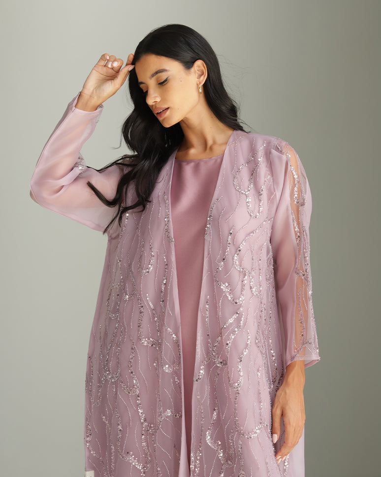 Purple Embellished Organza Set Dress