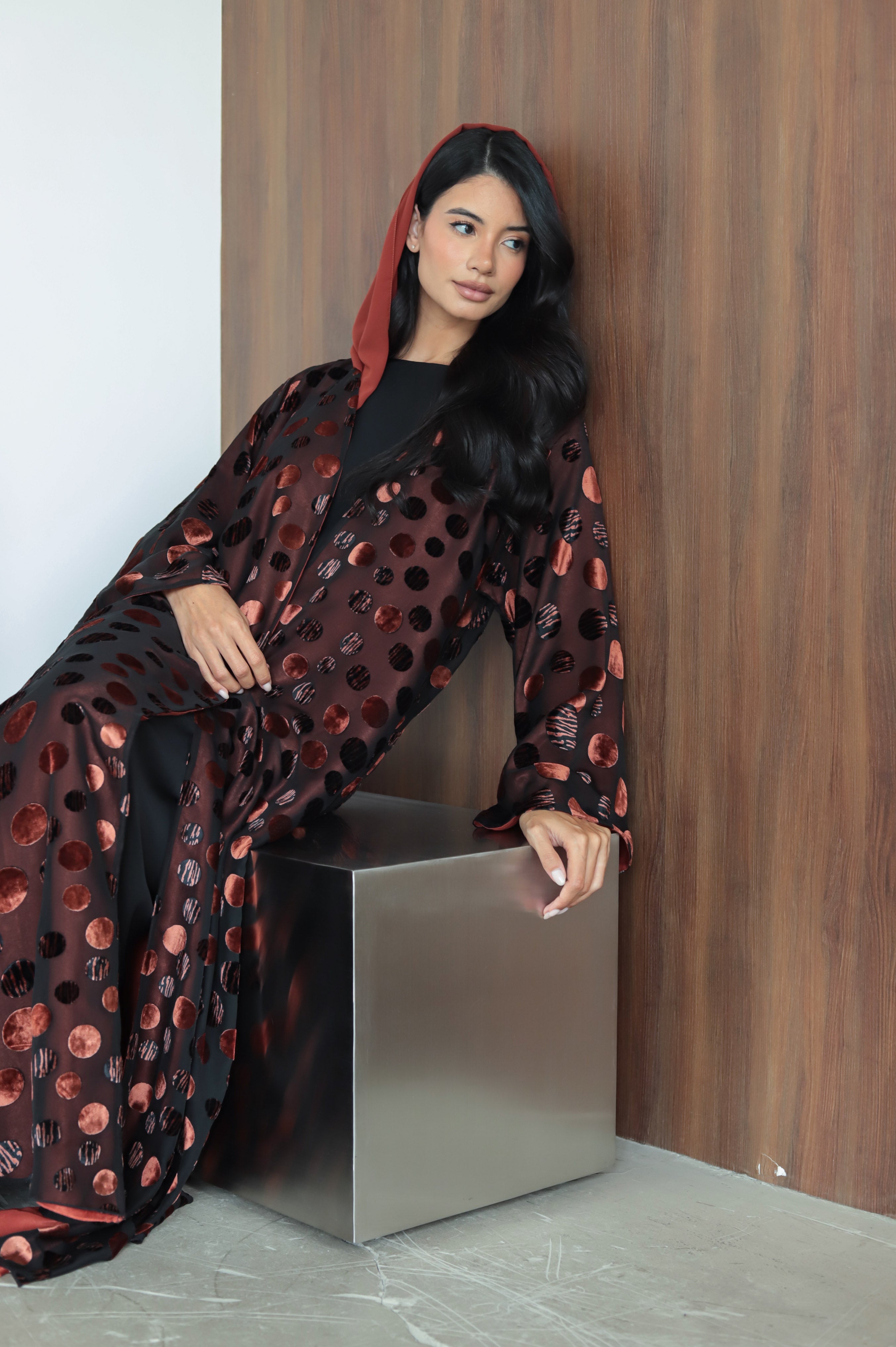 Polka Velvet Brick Orange Abaya