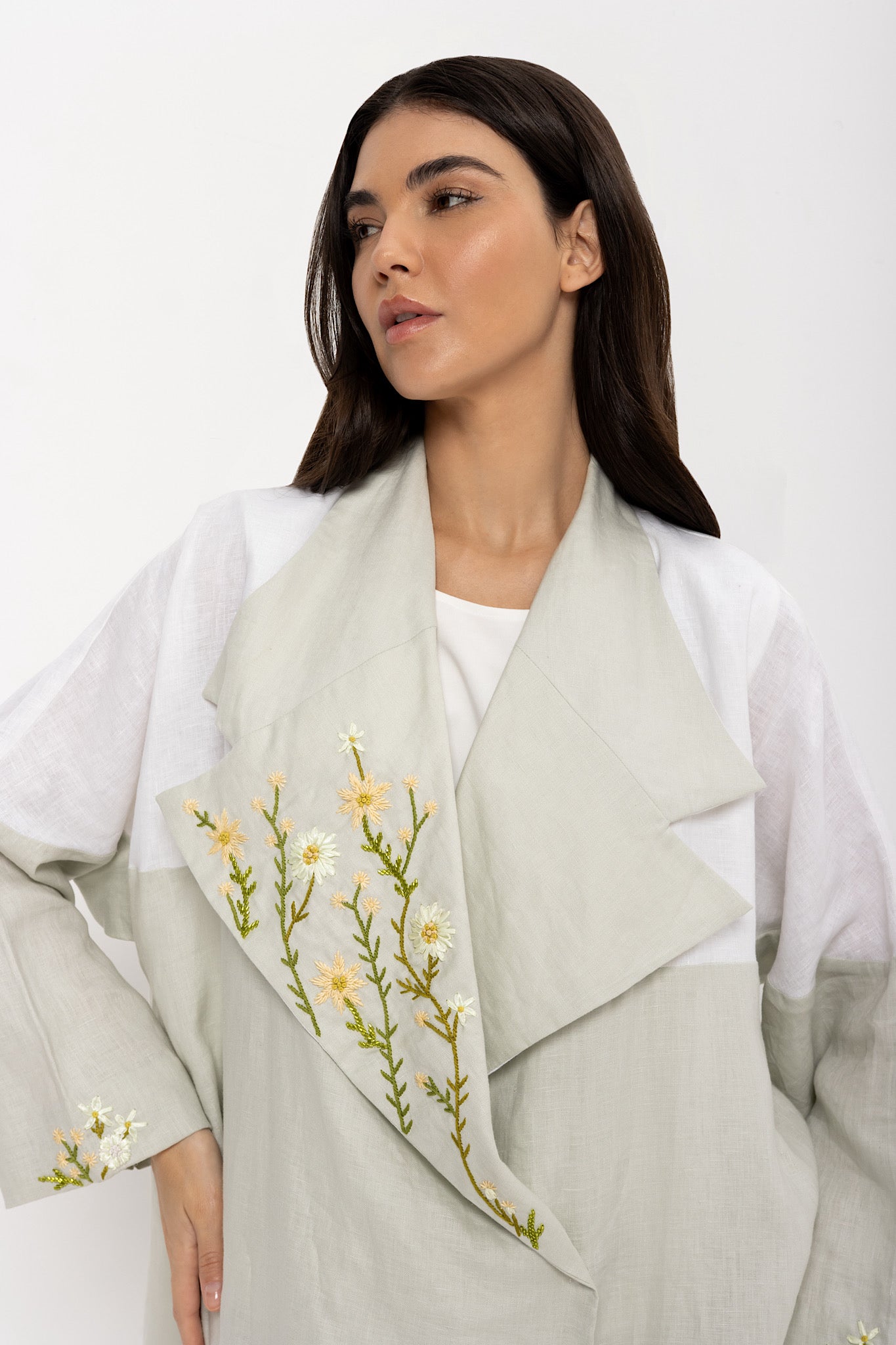 Garden - Linen Floral Embroidery - (Green & White Abaya)