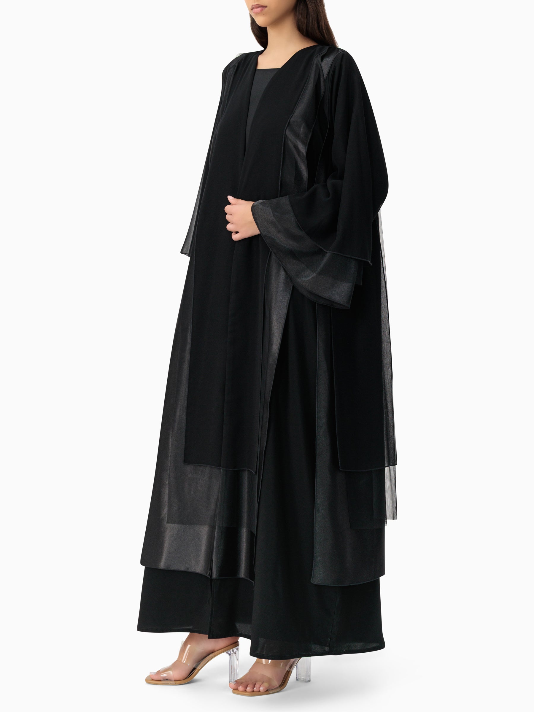 Black Satin Tulle Layers Abaya