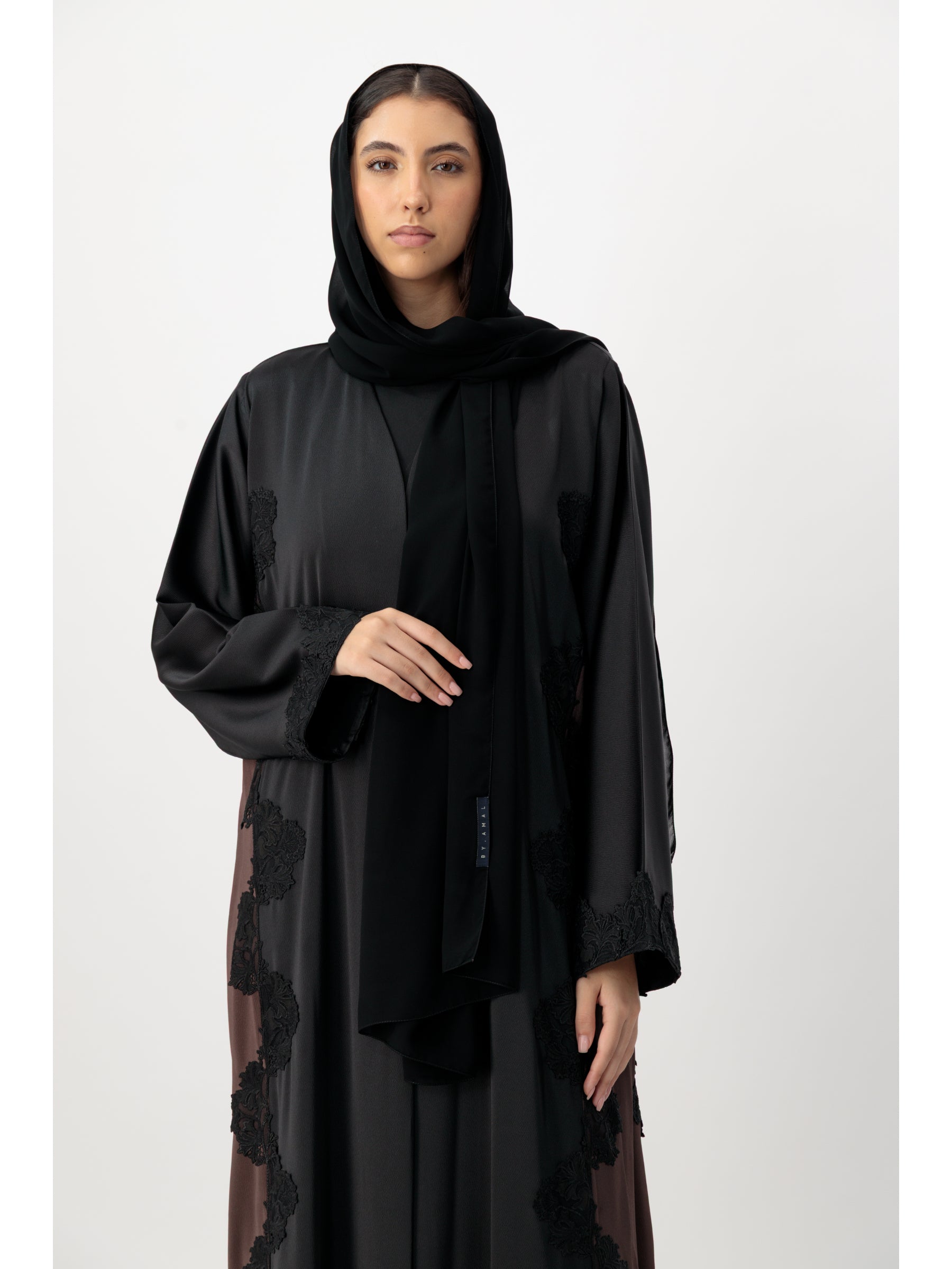 Royal - Two Tone Leaves Lace - (Black & Brown Abaya)