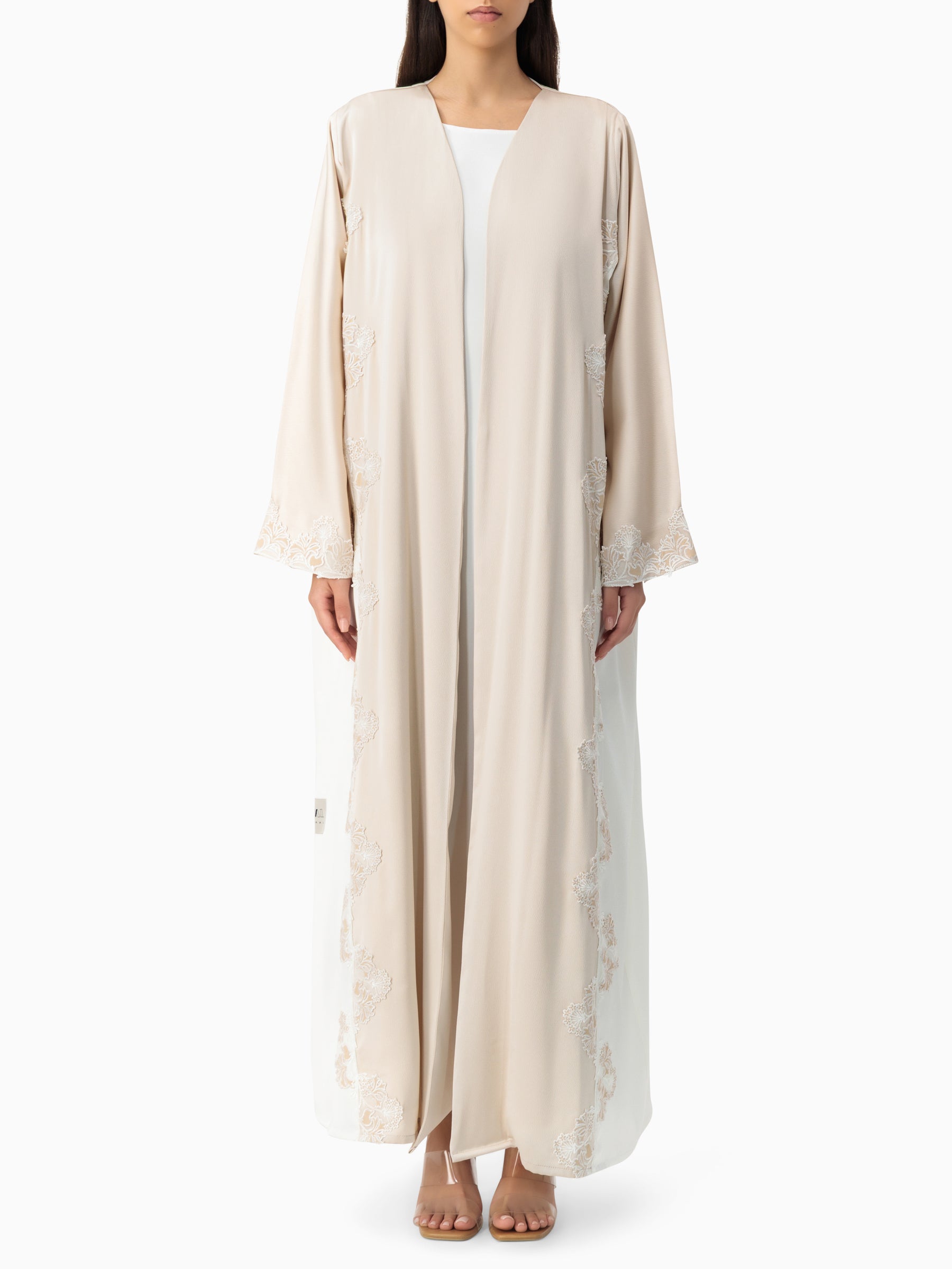 Royal - Two Tone Leaves Lace - (Beige & White Abaya)