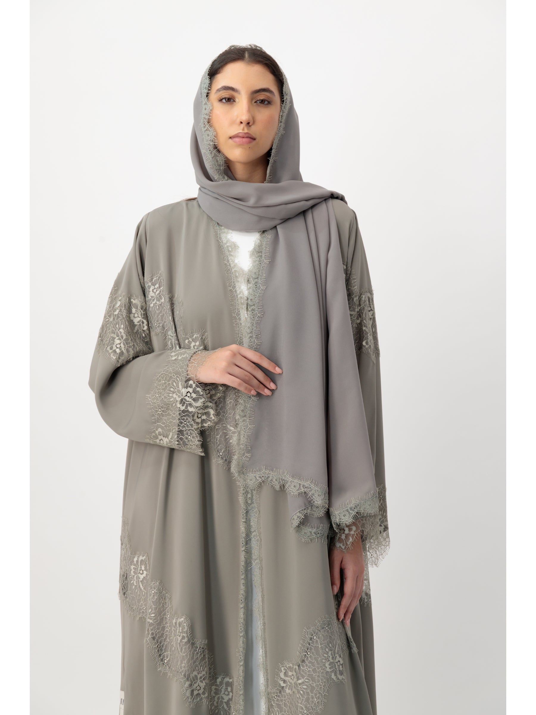 Grace - Lines of Dantel (Light Grey Abaya)