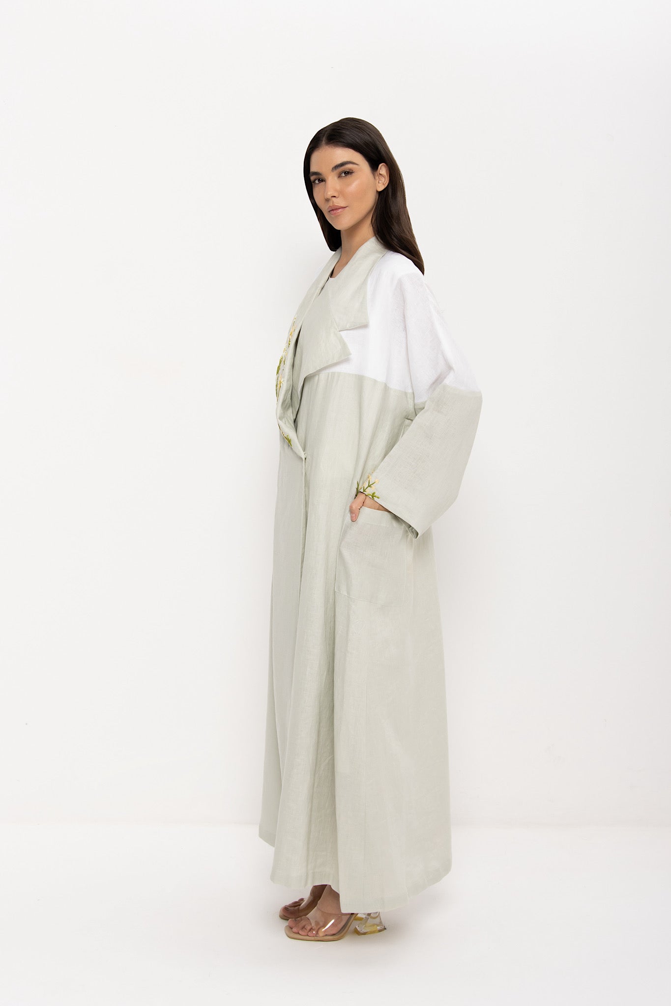 Garden - Linen Floral Embroidery - (Green & White Abaya)