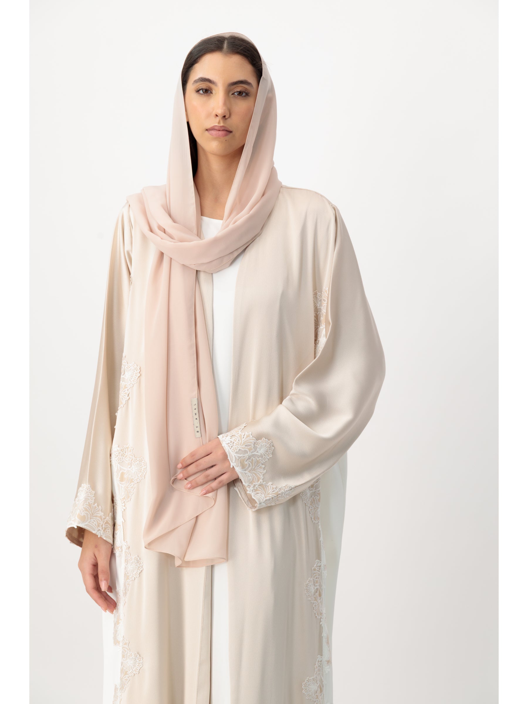 Royal - Two Tone Leaves Lace - (Beige & White Abaya)