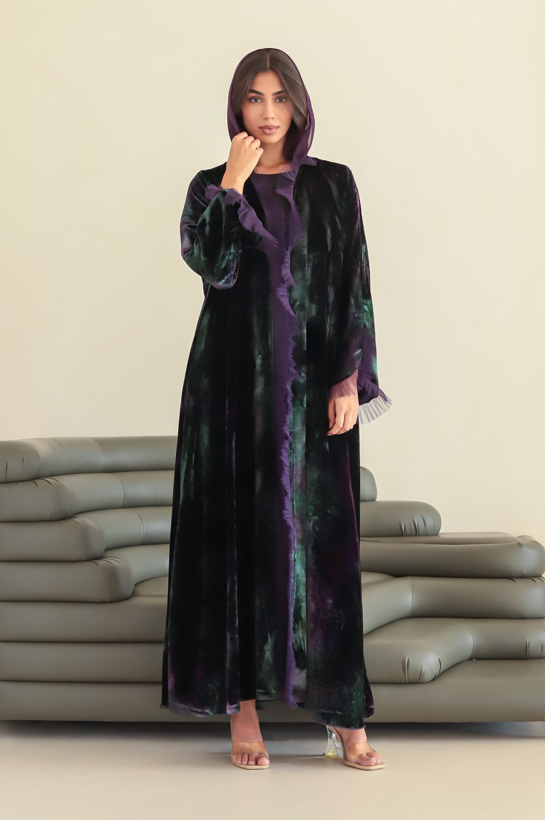 Velvet - Tulle Purple/Green Abaya