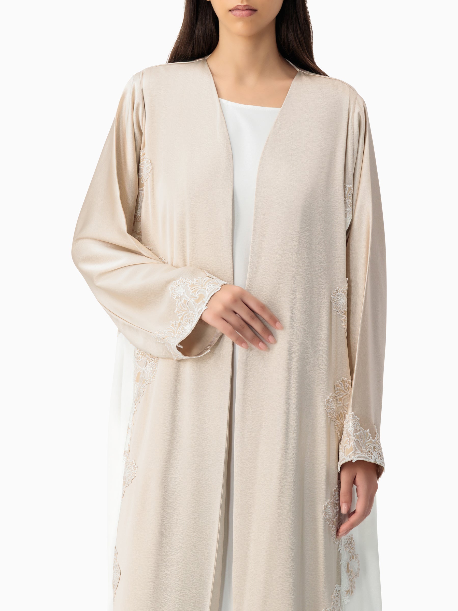 Royal - Two Tone Leaves Lace - (Beige & White Abaya)