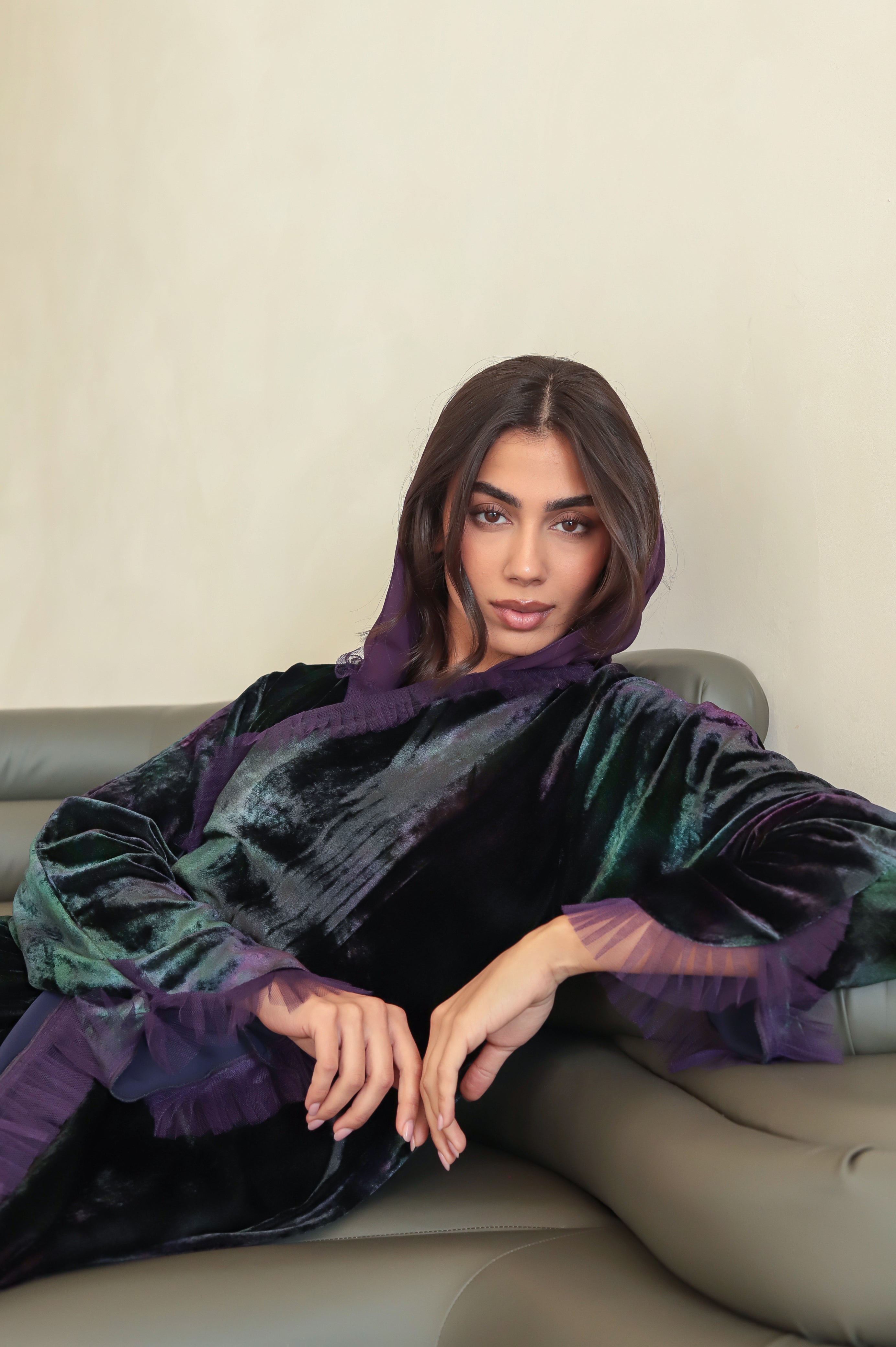 Velvet - Tulle Purple/Green Abaya