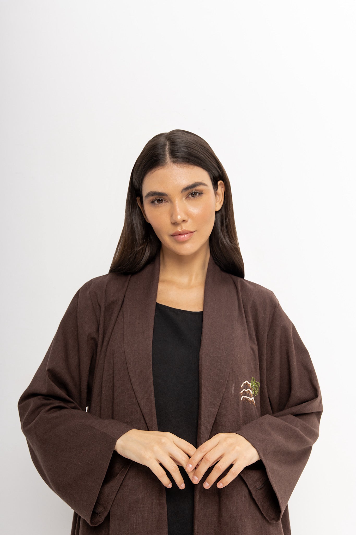 Elevation - Linen Palm Tree Embroidery - (Brown Abaya)