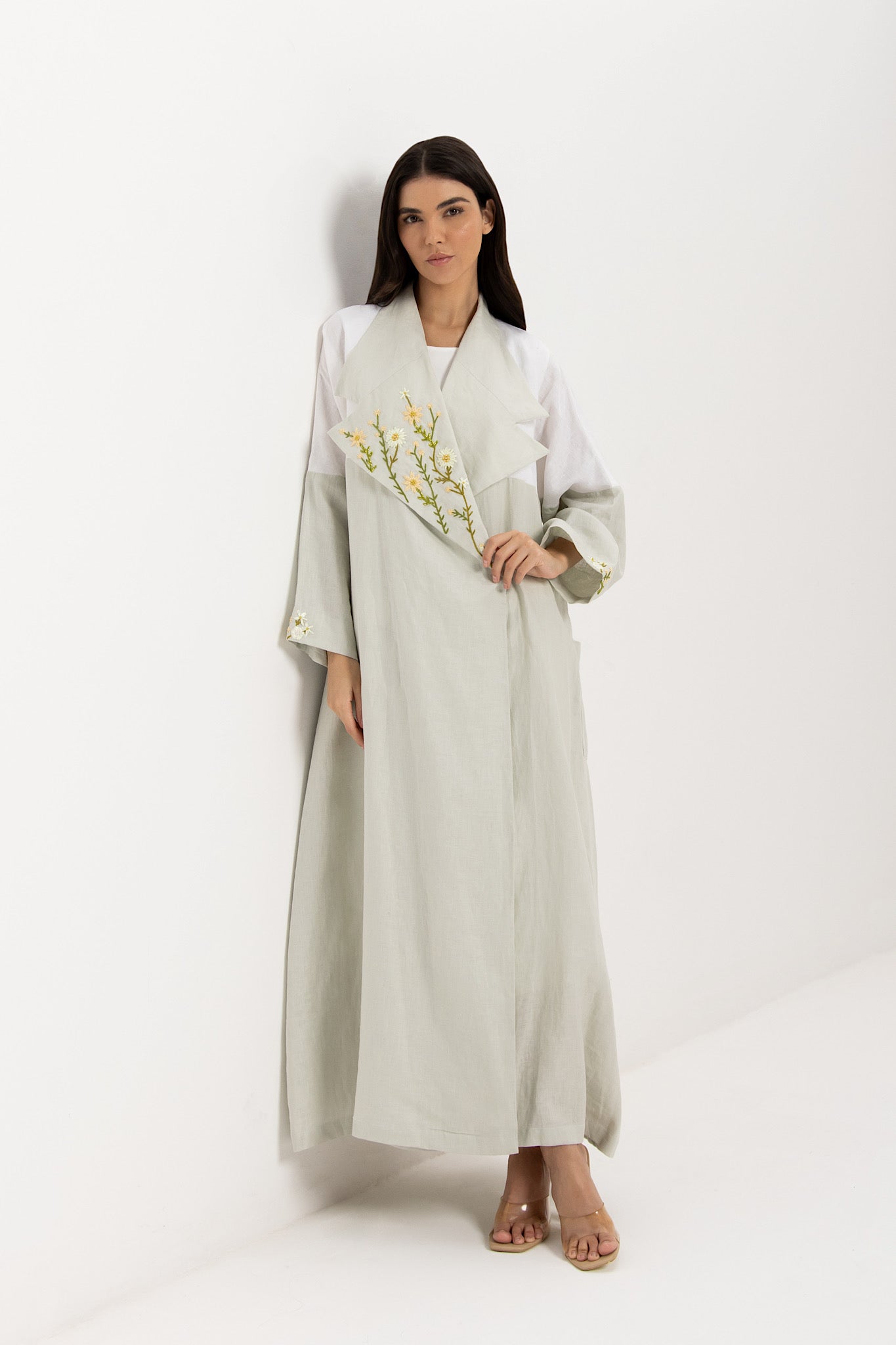 Garden - Linen Floral Embroidery - (Green & White Abaya)