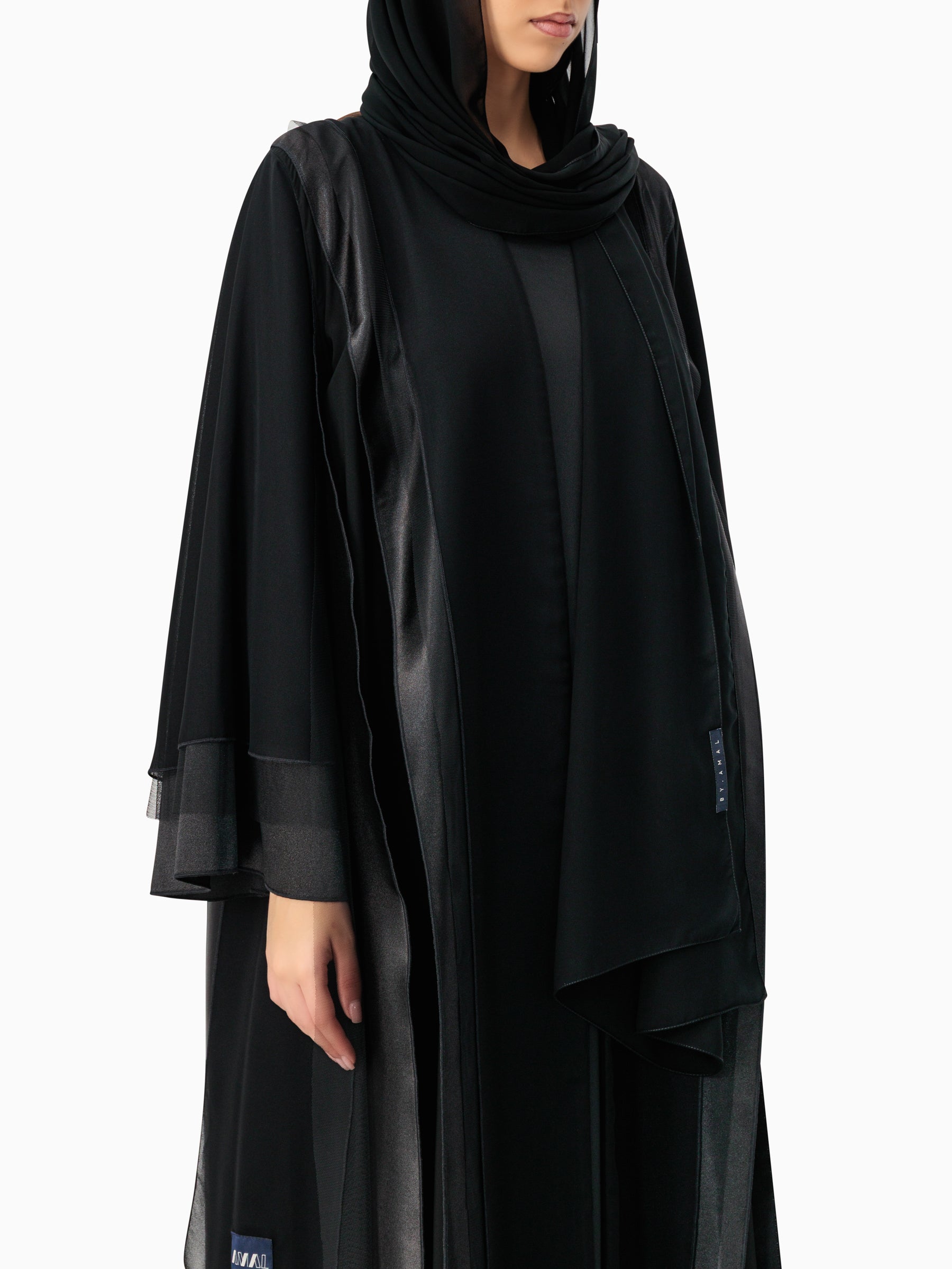 Black Satin Tulle Layers Abaya