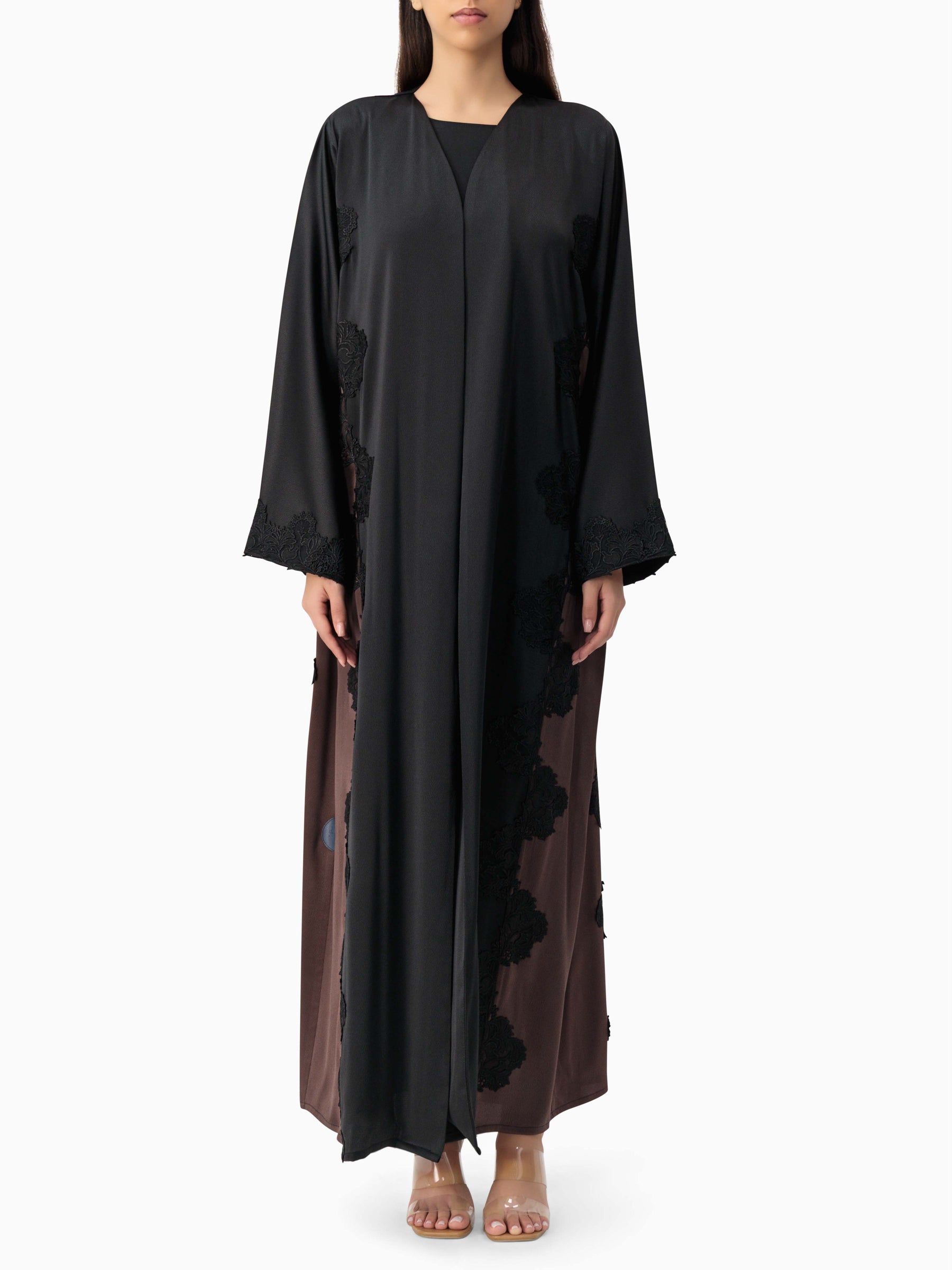 Royal - Two Tone Leaves Lace - (Black & Brown Abaya)
