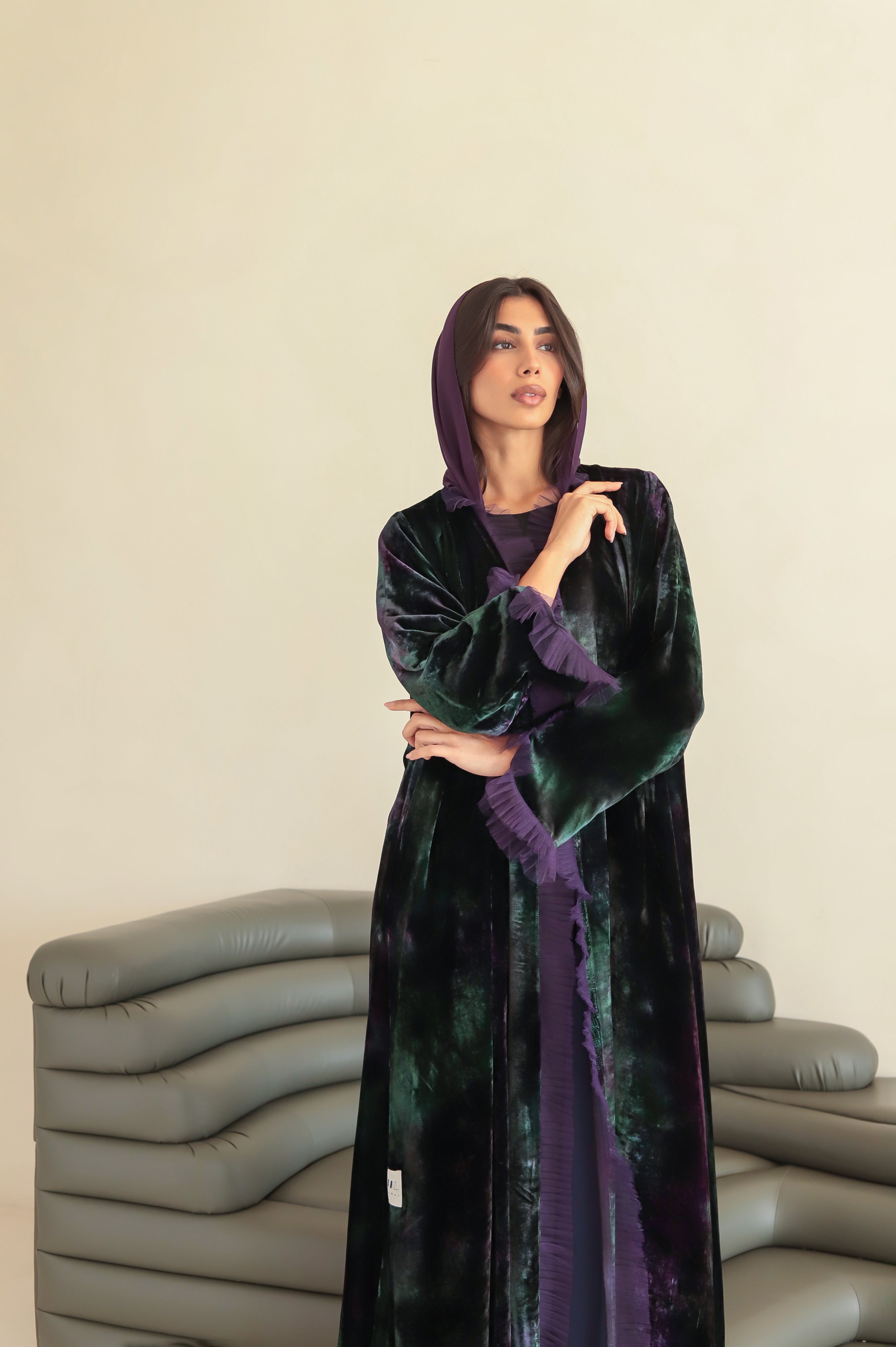 Velvet - Tulle Purple/Green Abaya