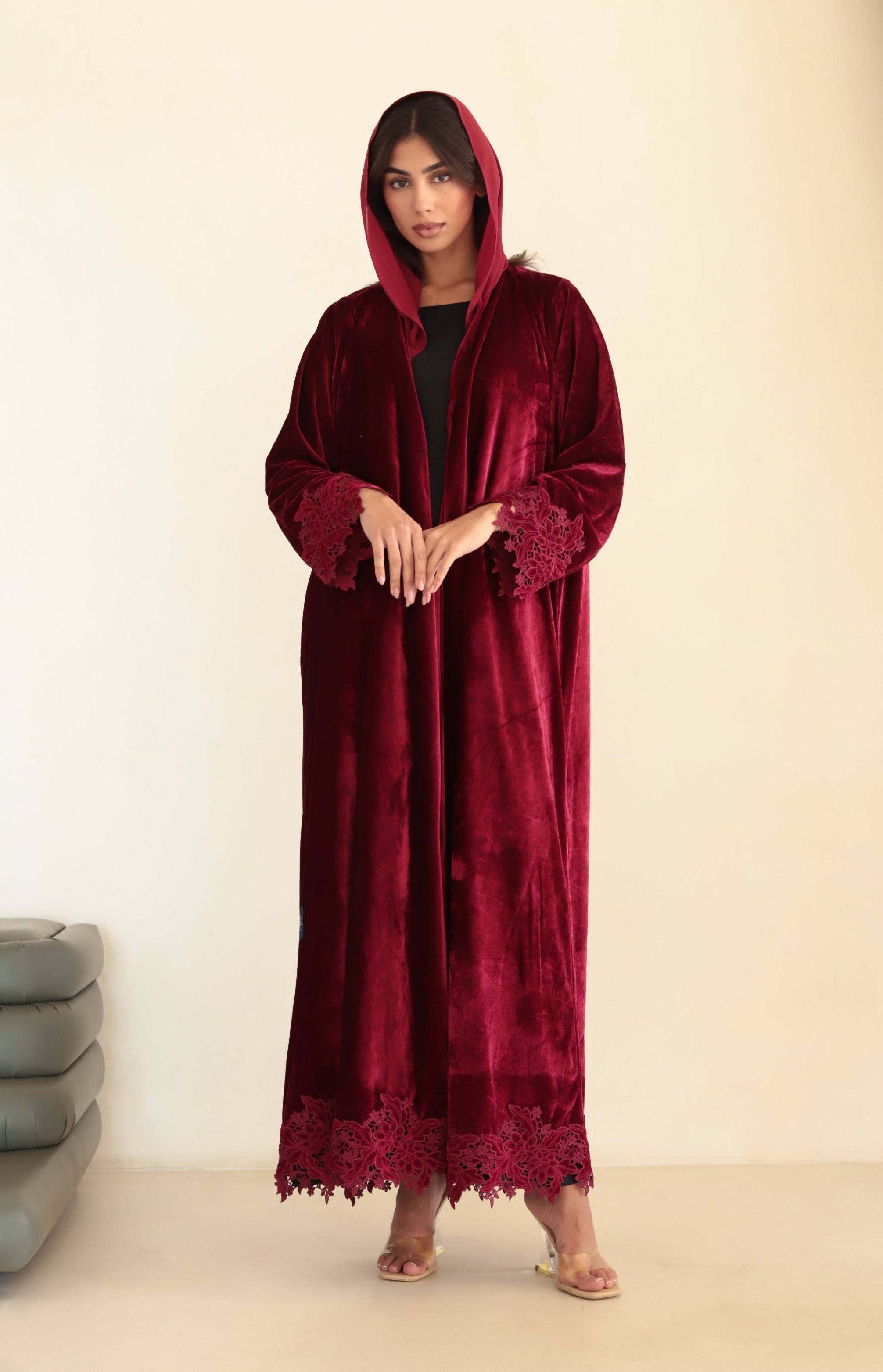 Velvet - Border Maroon Abaya