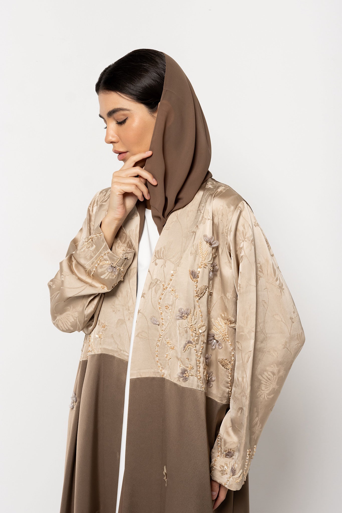 Glory - Two Toned Floral Embroidery - (Brown Abaya)