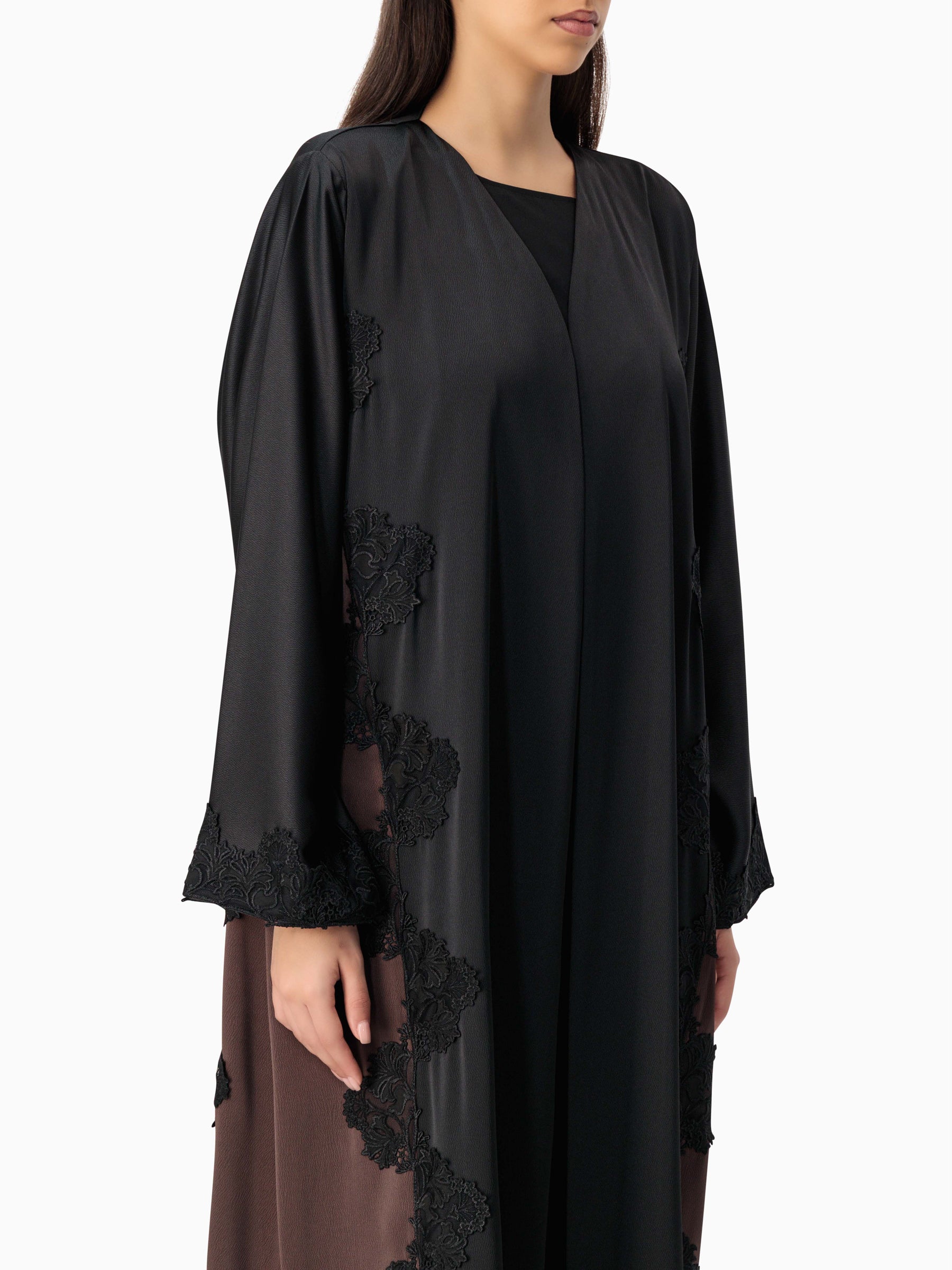 Royal - Two Tone Leaves Lace - (Black & Brown Abaya)