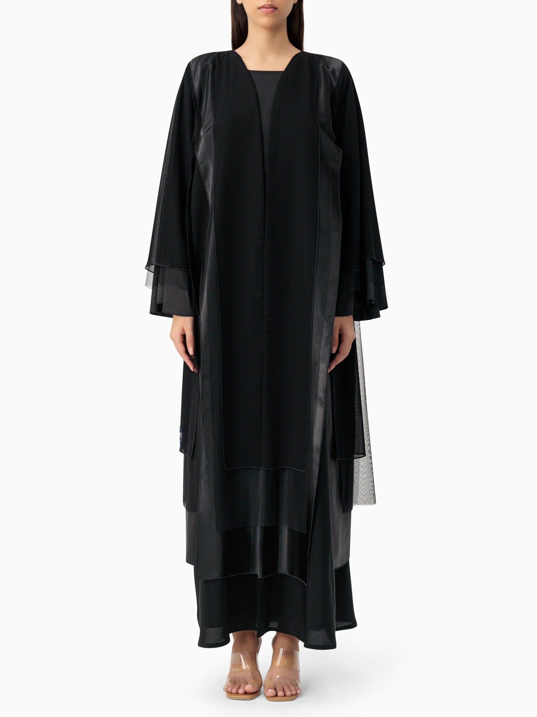 Black Satin Tulle Layers Abaya