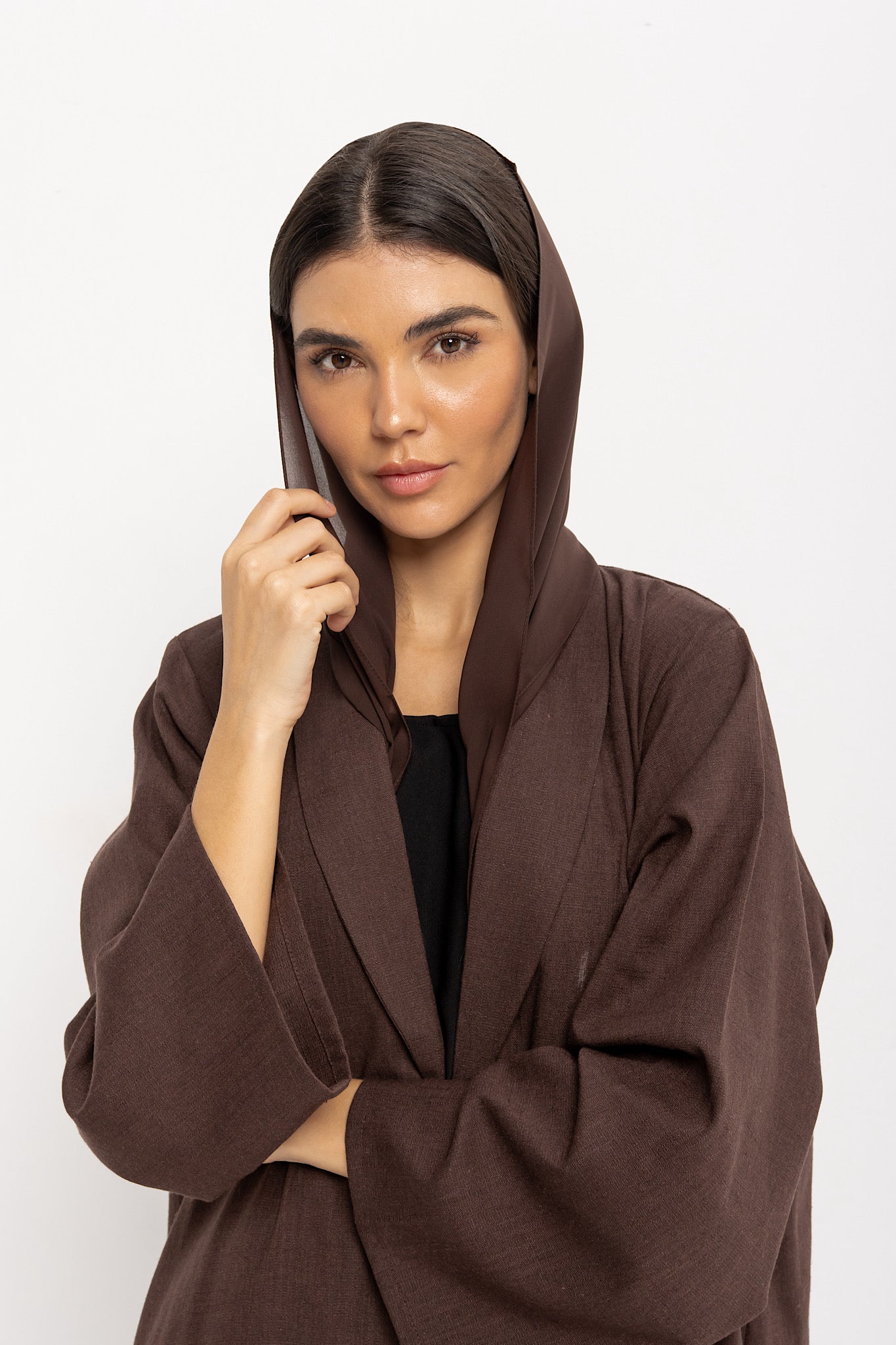 Elevation - Linen Palm Tree Embroidery - (Brown Abaya)