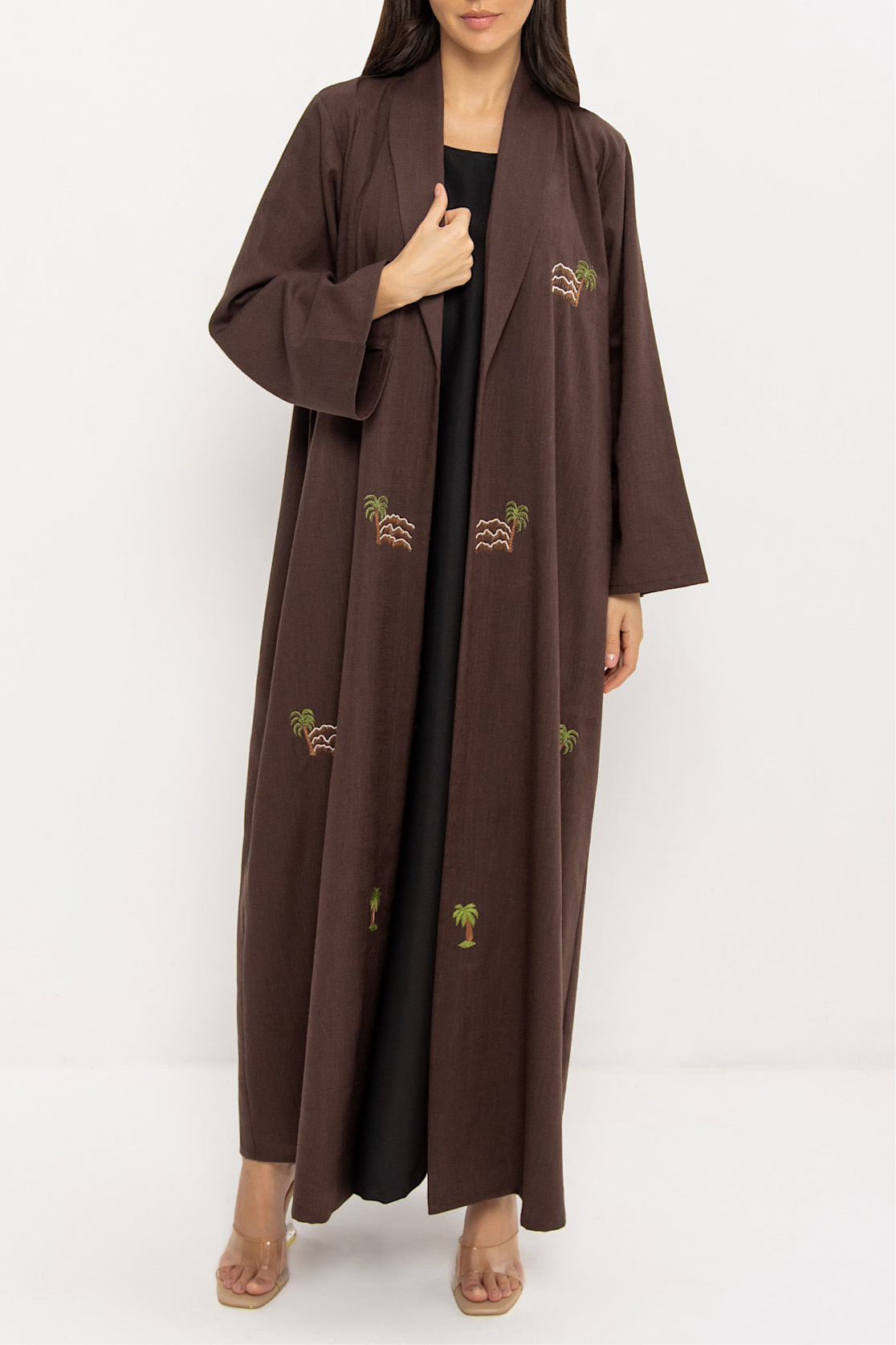 Elevation - Linen Palm Tree Embroidery - (Brown Abaya)