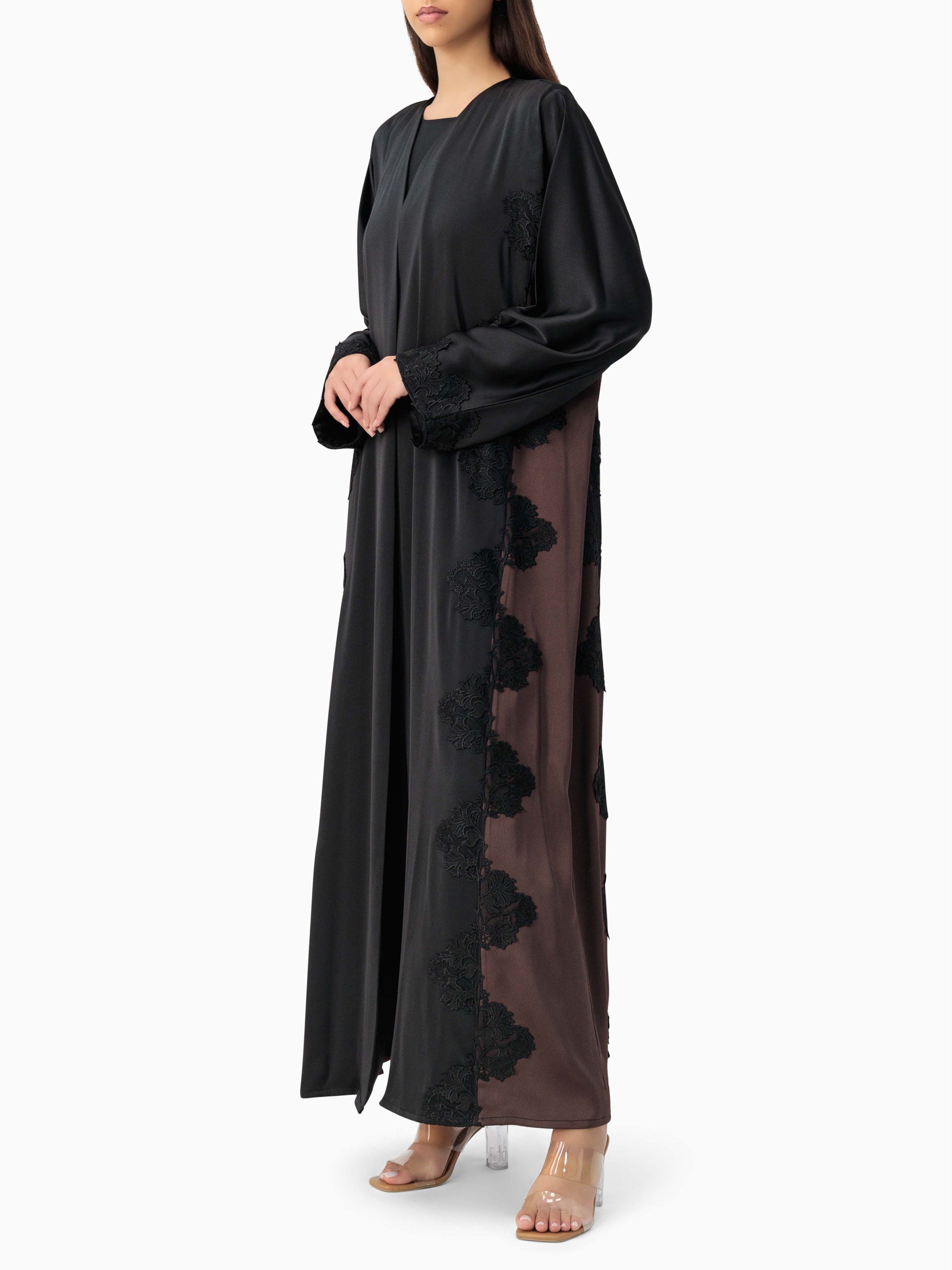 Royal - Two Tone Leaves Lace - (Black & Brown Abaya)