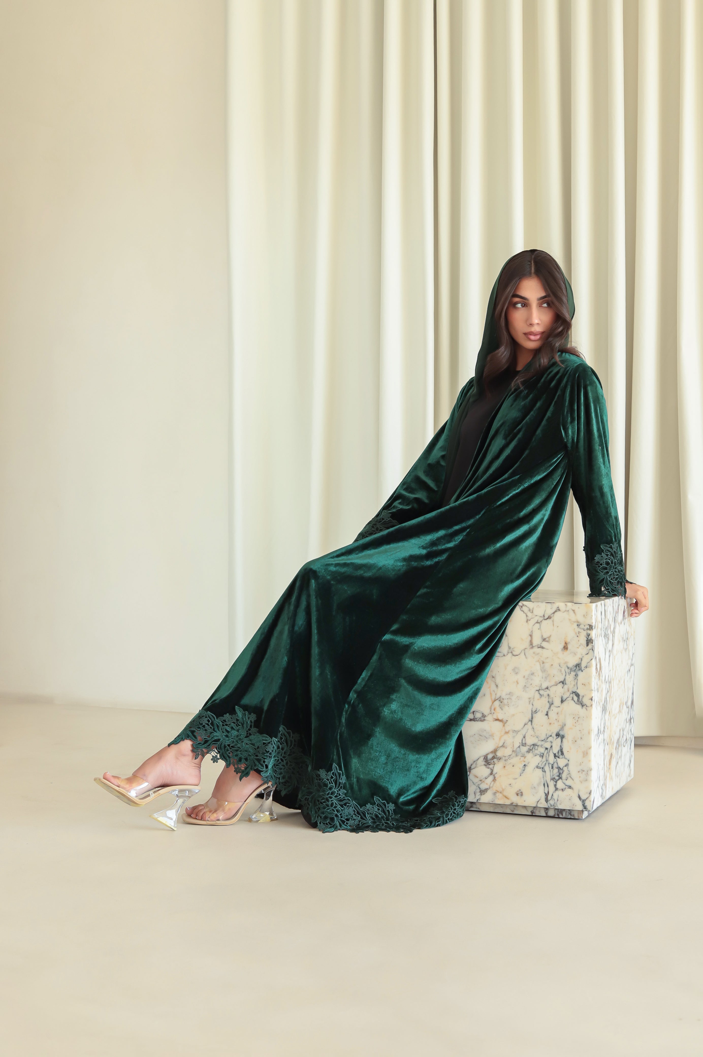 Velvet - Border Green Abaya