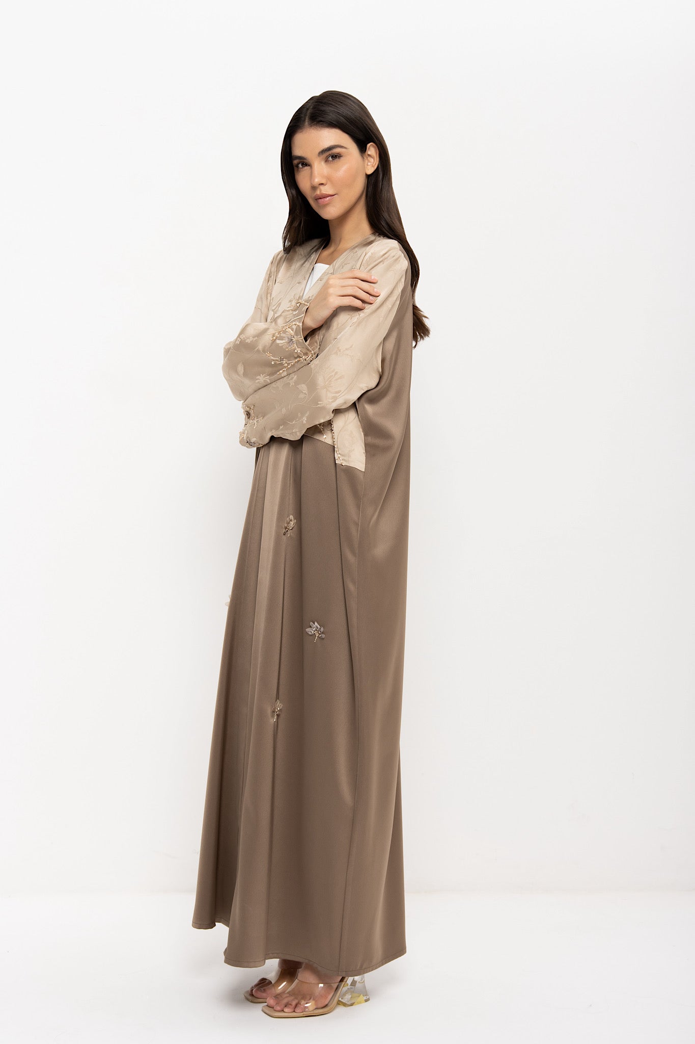 Glory - Two Toned Floral Embroidery - (Brown Abaya)