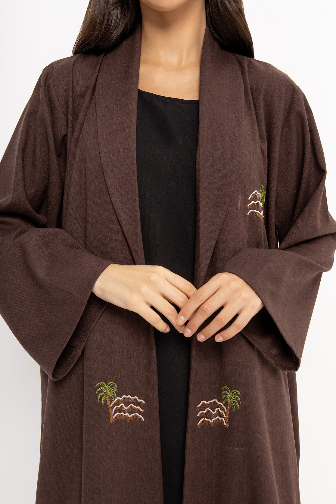Elevation - Linen Palm Tree Embroidery - (Brown Abaya)
