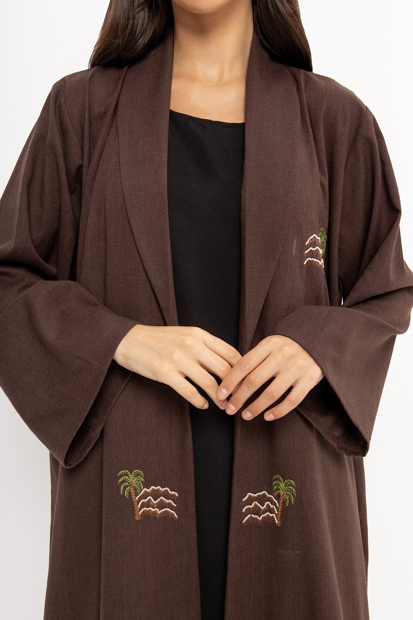Elevation - Linen Palm Tree Embroidery - (Brown Abaya)